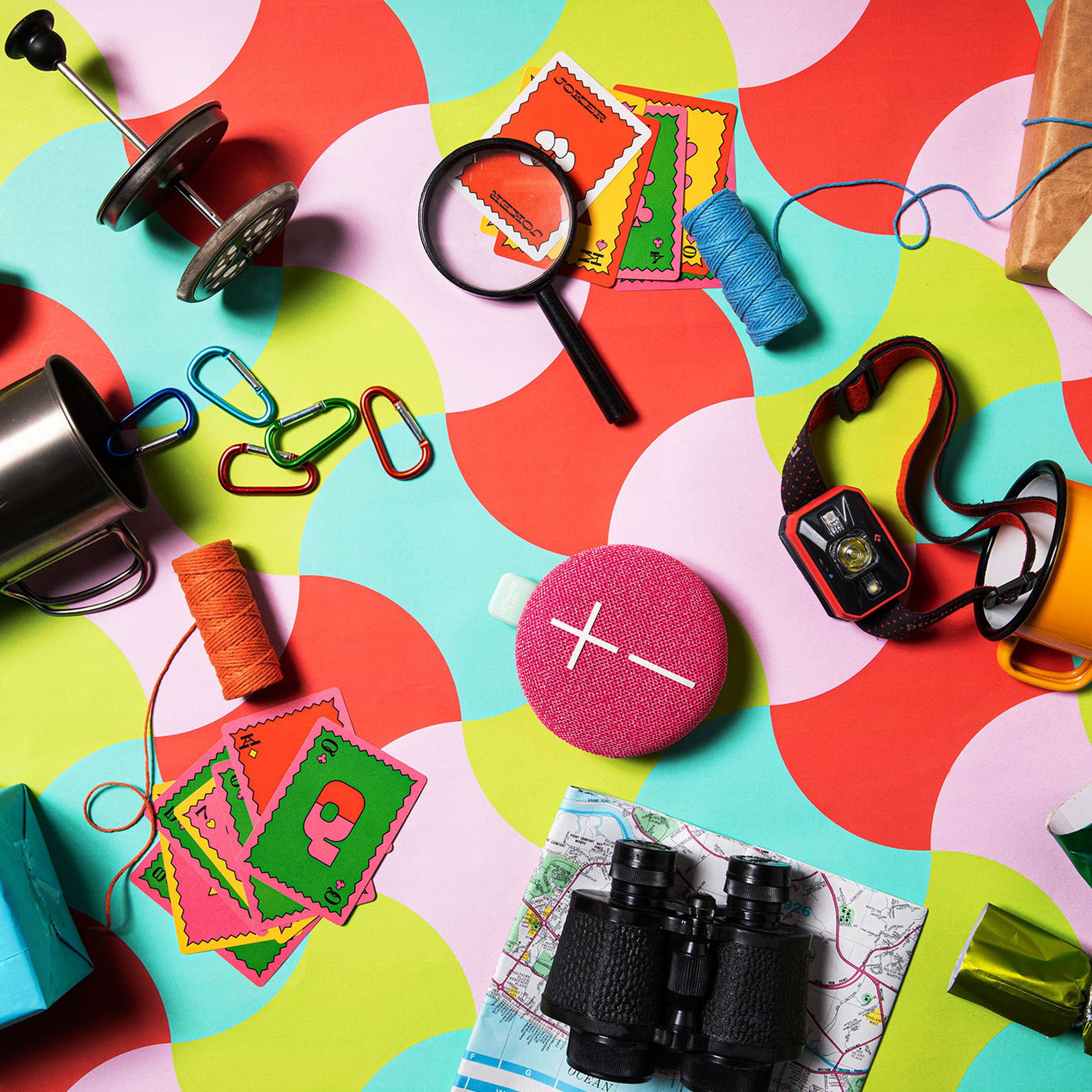 Vibrant photograph of outdoor gifts on a patterned background.