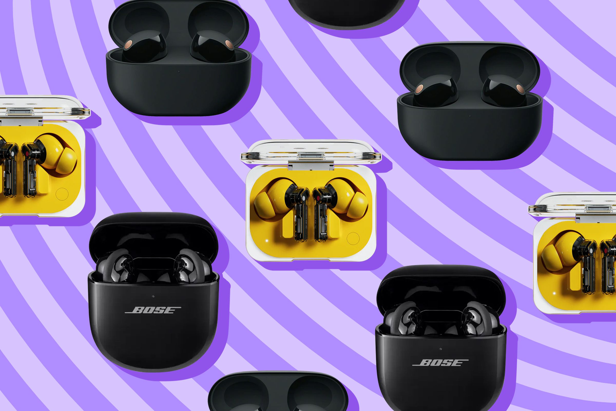 Digital photo collage of a variety of brands of earbuds in their cases.