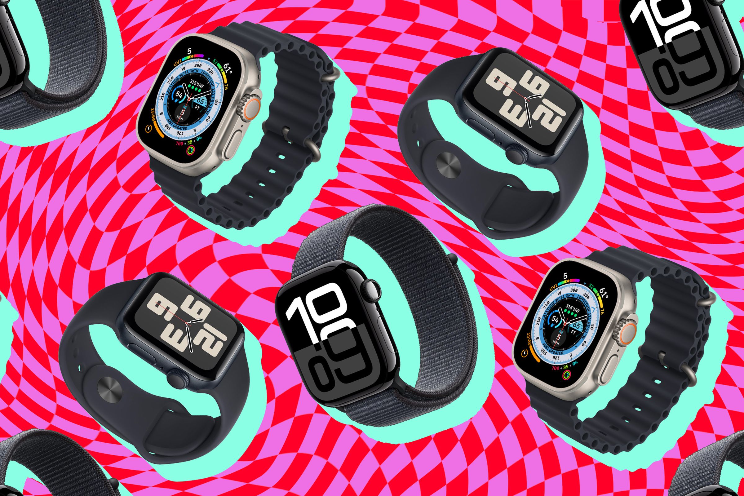 Various models of Apple Watch on a graphic background.