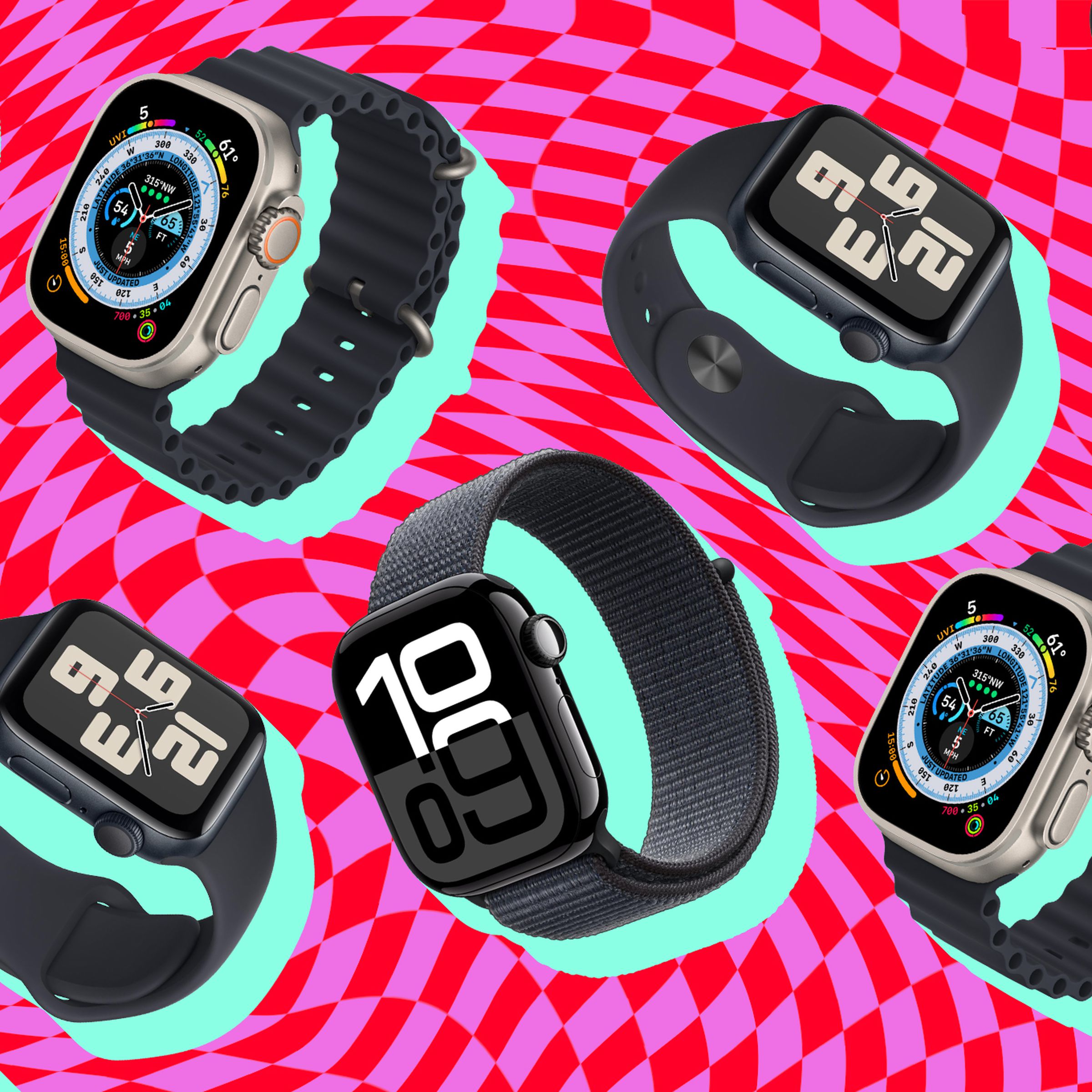 Various models of Apple Watch on a graphic background.