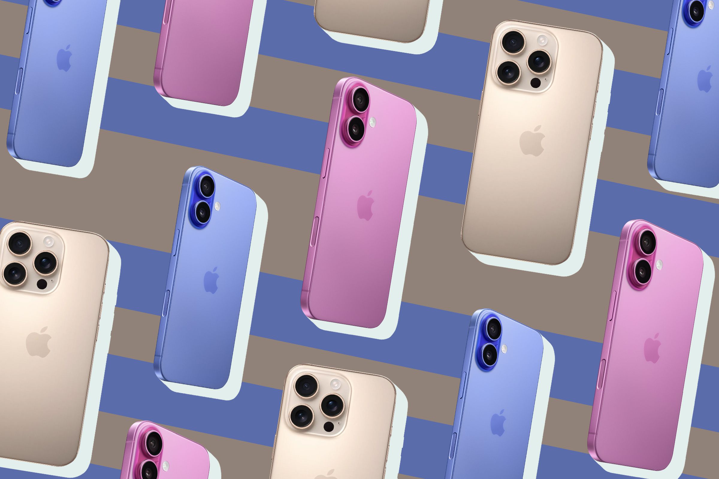 Various models of iPhone 16 with a graphic background.