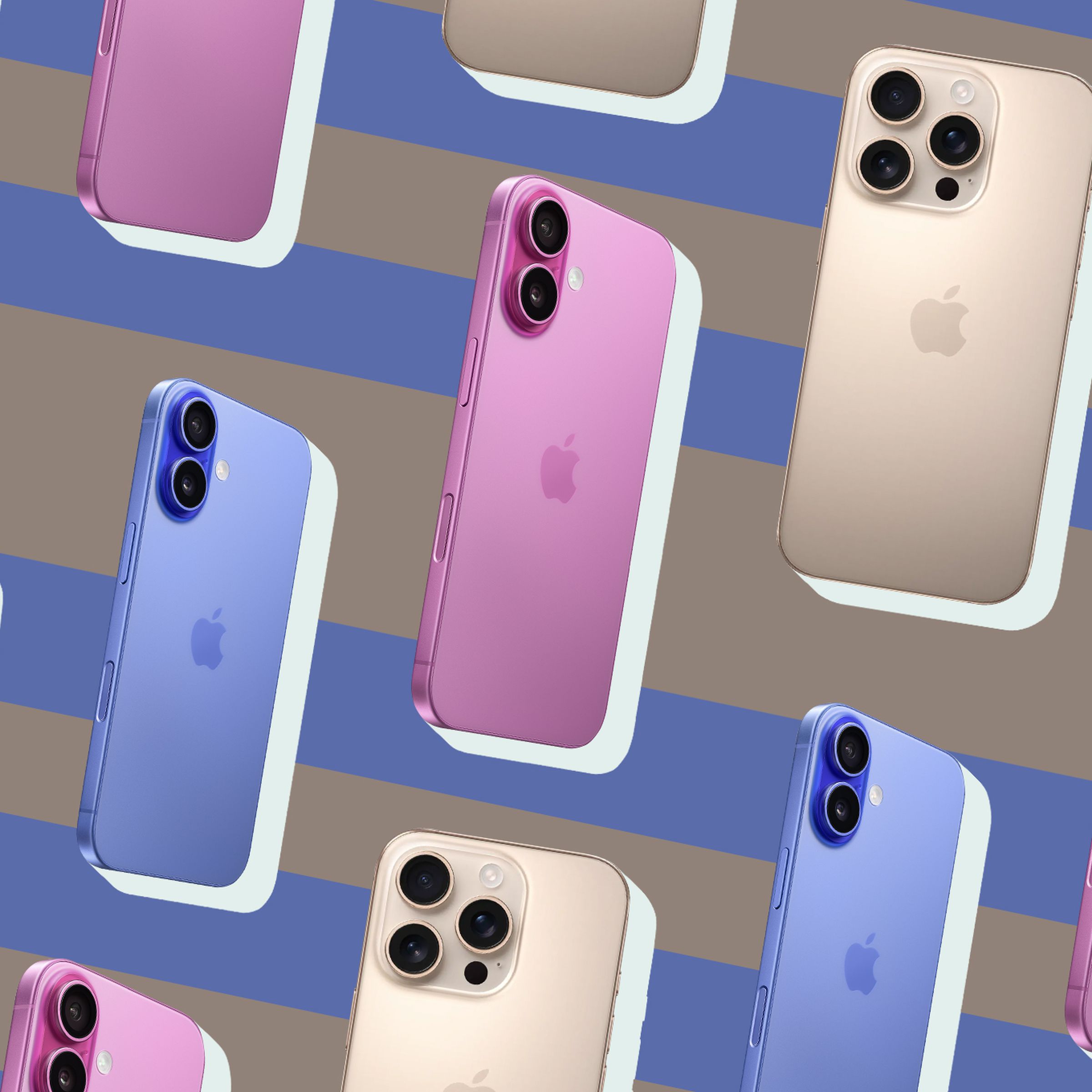 Various models of iPhone 16 with a graphic background.