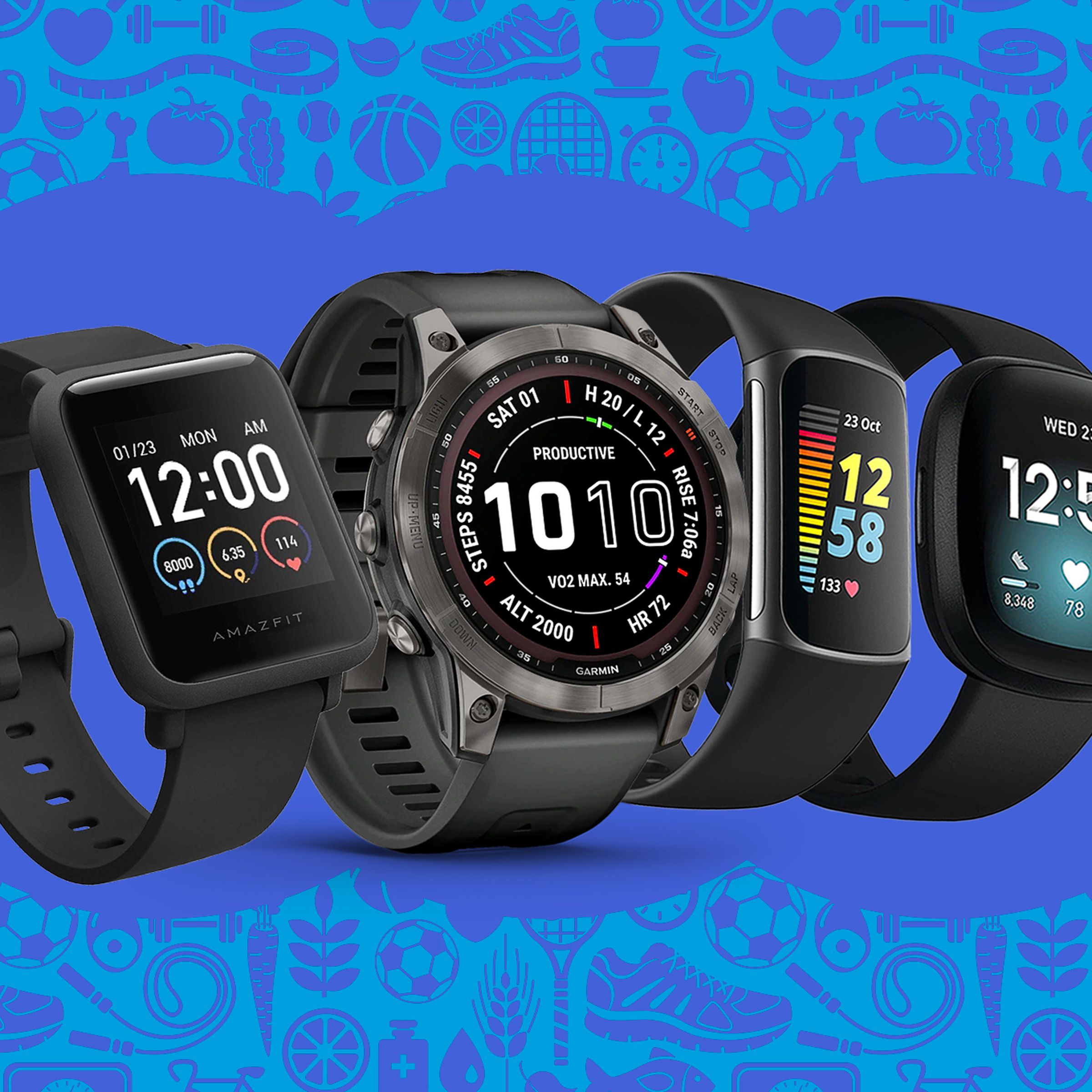 Apple Watch, Garmin Epix, Fitbit, and Amazfit Bip fitness trackers on a stylized blue background.