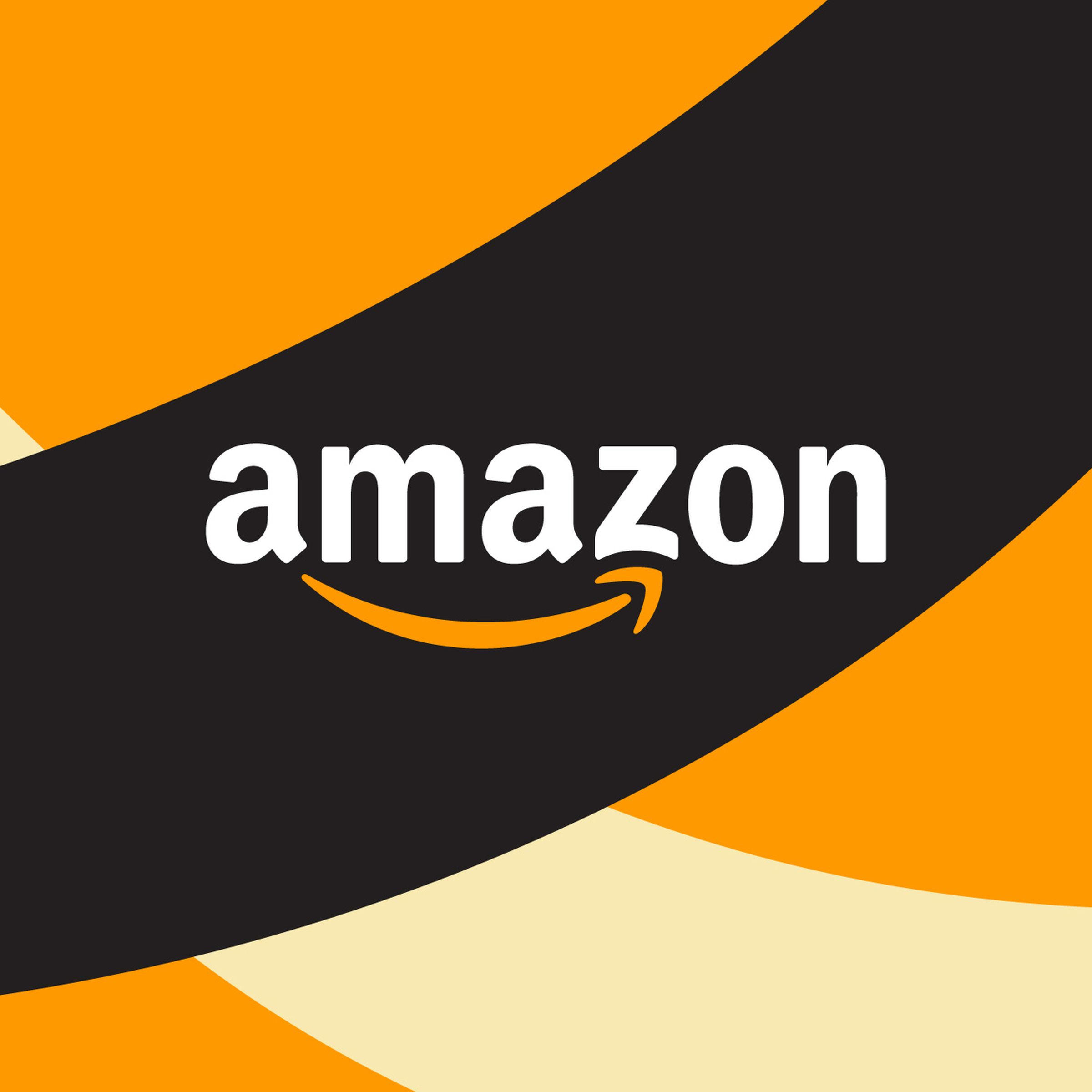 Illustration of Amazon’s logo on a black, orange, and tan background.