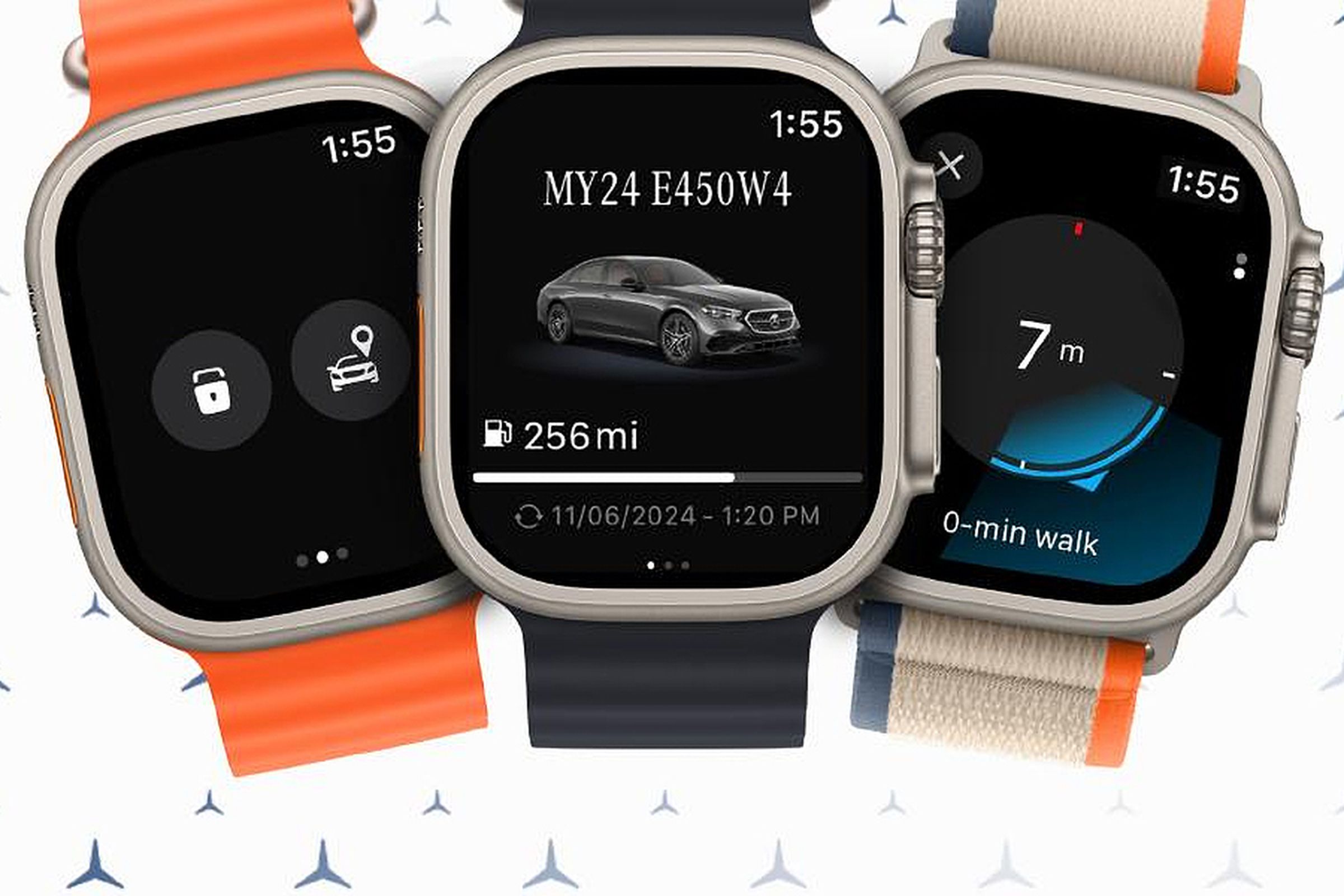 The new Mercedes-Benz Apple Watch app shown running on three Apple Watch Ultra models.