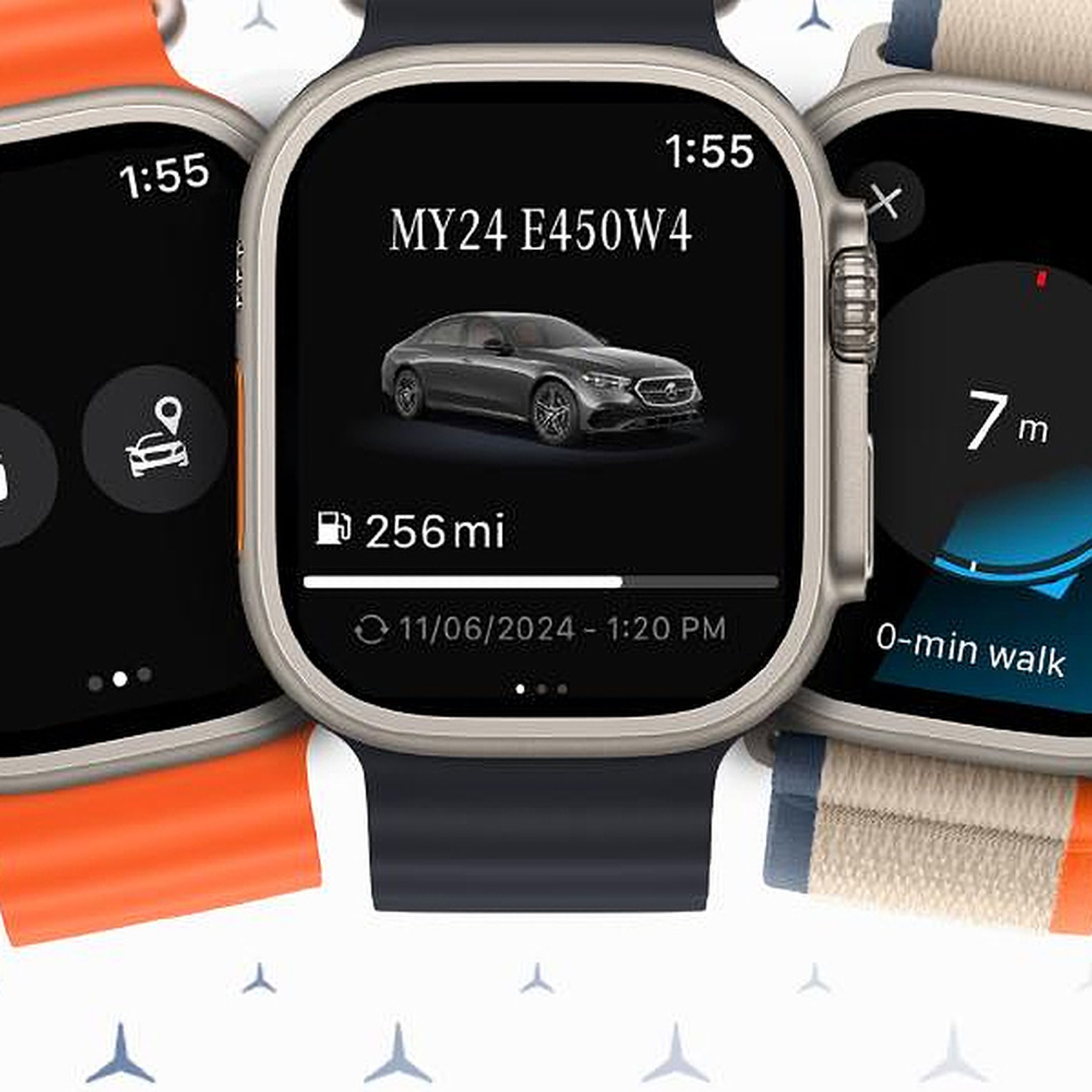 The new Mercedes-Benz Apple Watch app shown running on three Apple Watch Ultra models.