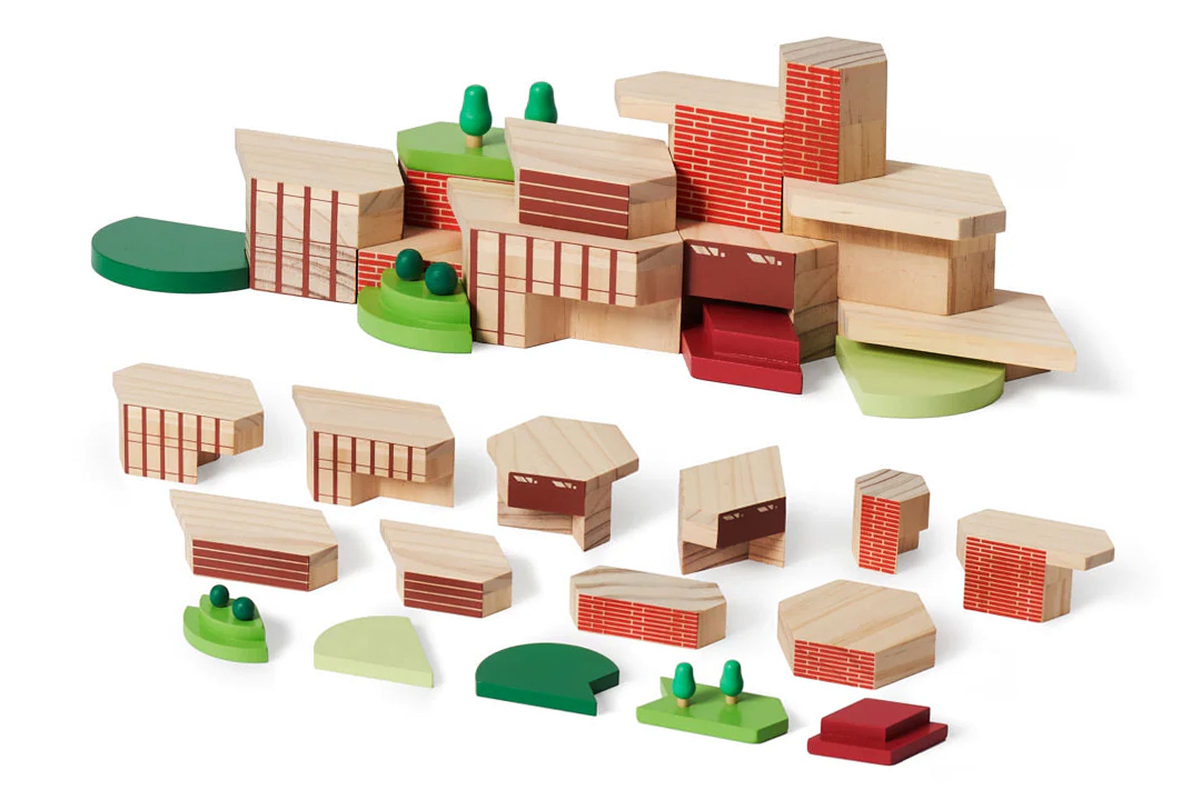 Areaware’s Blockitecture Frank Lloyd Wright set shown assembled into a house and disassembled.