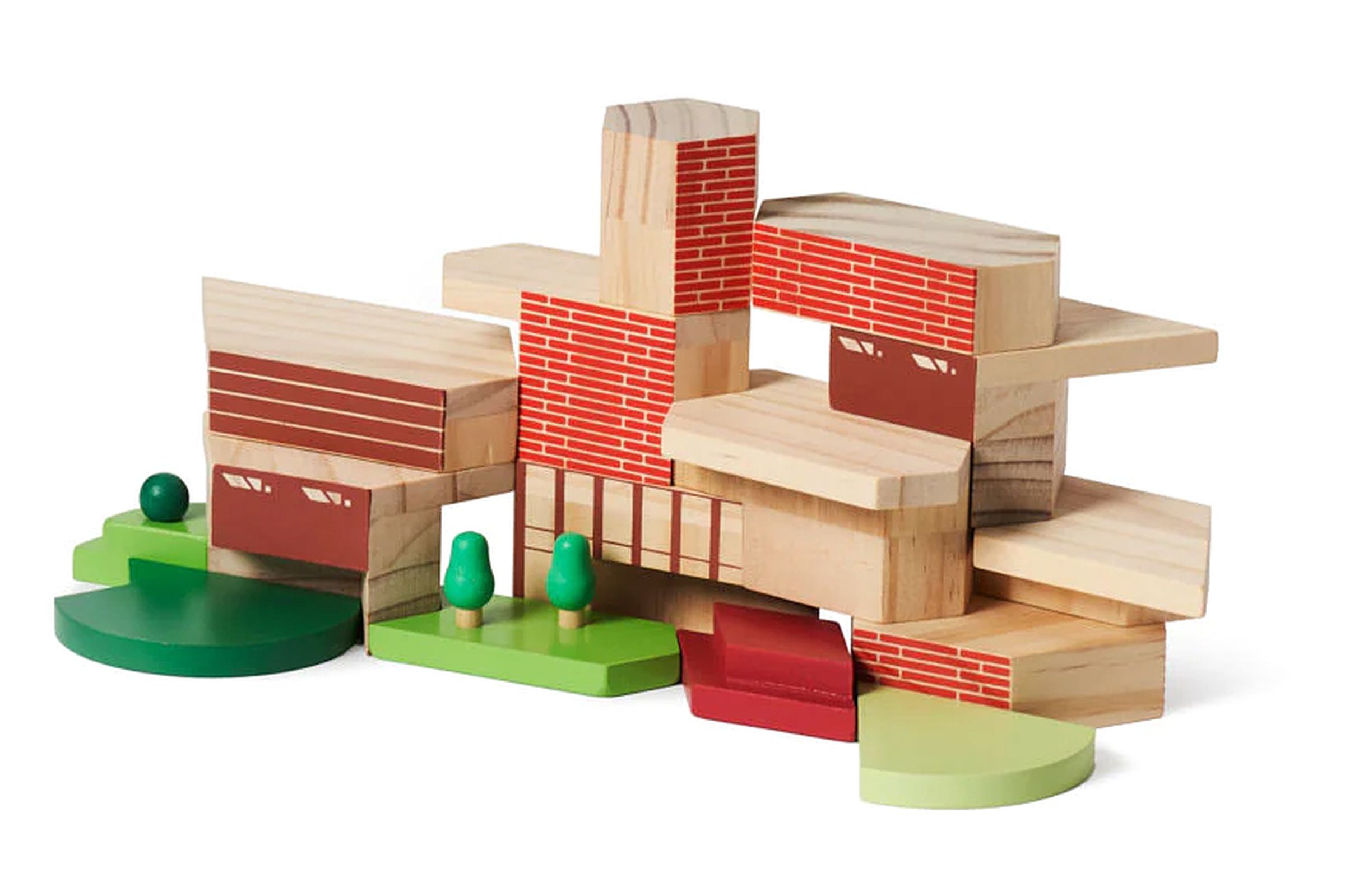 Areaware’s Blockitecture Frank Lloyd Wright set shown assembled into a house.