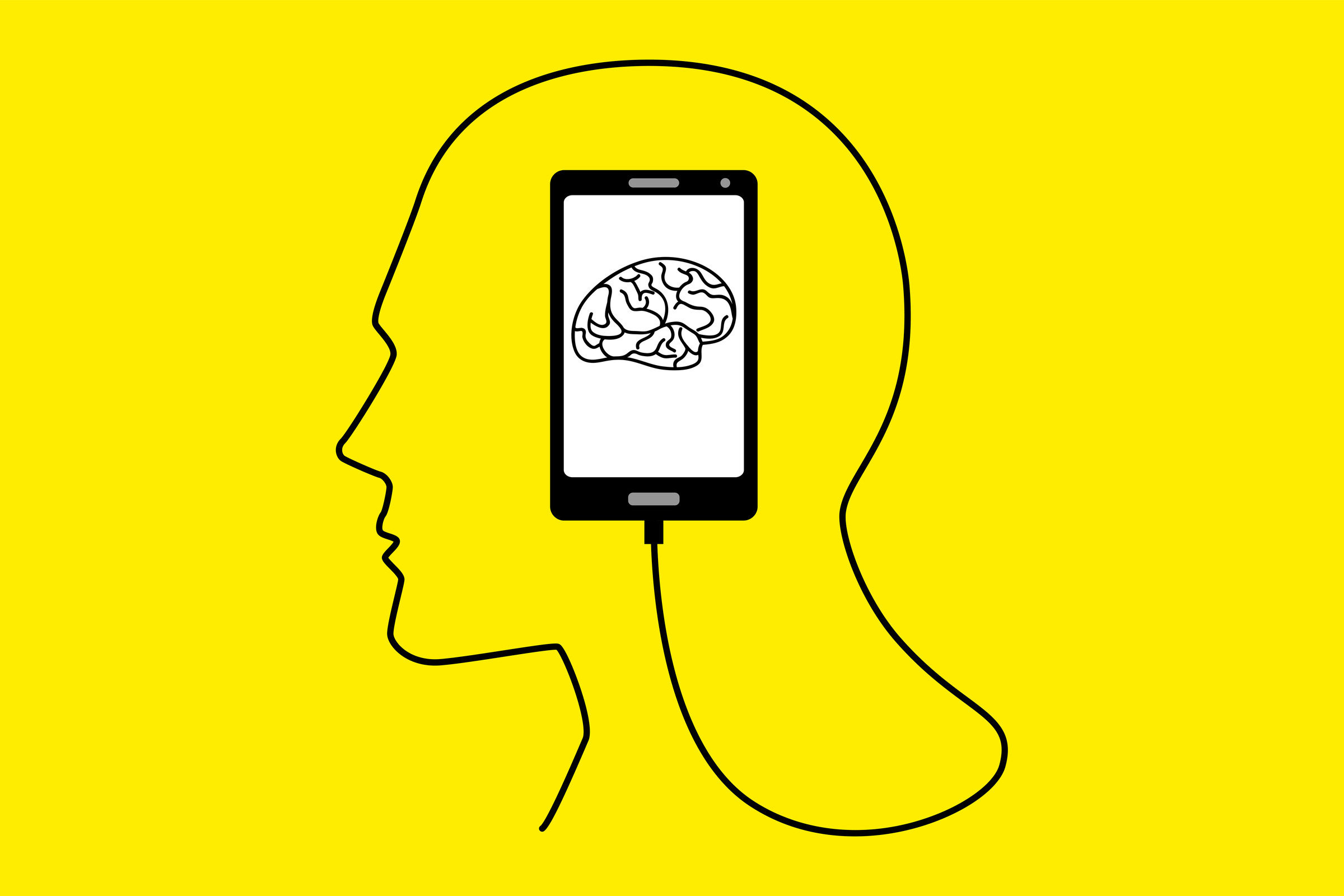 A phone with an image of a brain. A cord is plugged into the phone making the outline of a head on a yellow background. 