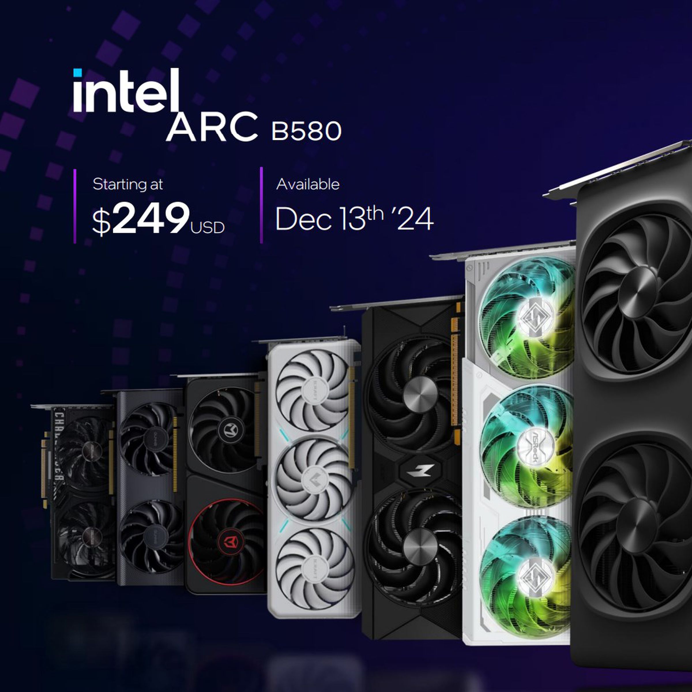 A variety of new Intel graphics cards with various fan configurations.