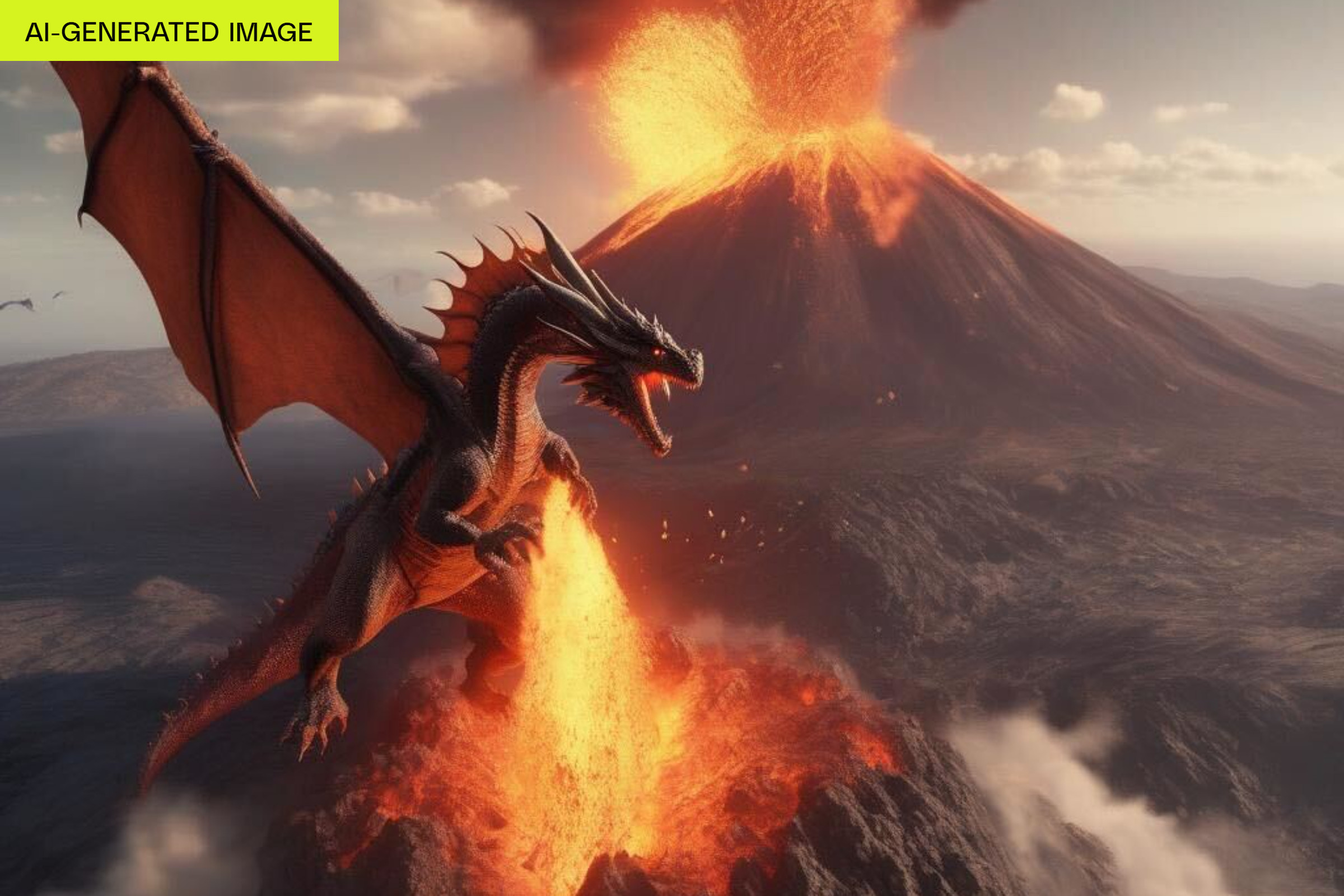 An AI-generated image of a dragon flying beside an active volcano. The dragon is riddled with visual errors, such as a missing wing.