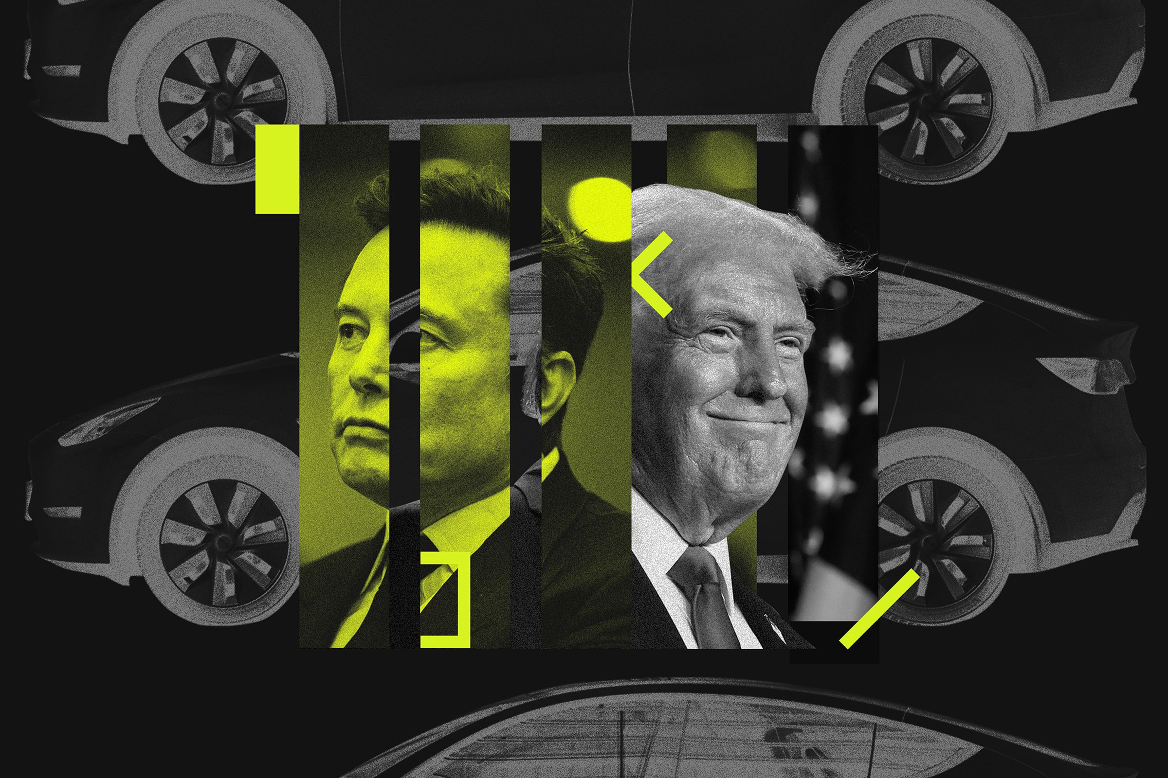 Elon Musk and Donald Trump collaged together with Teslas in the background