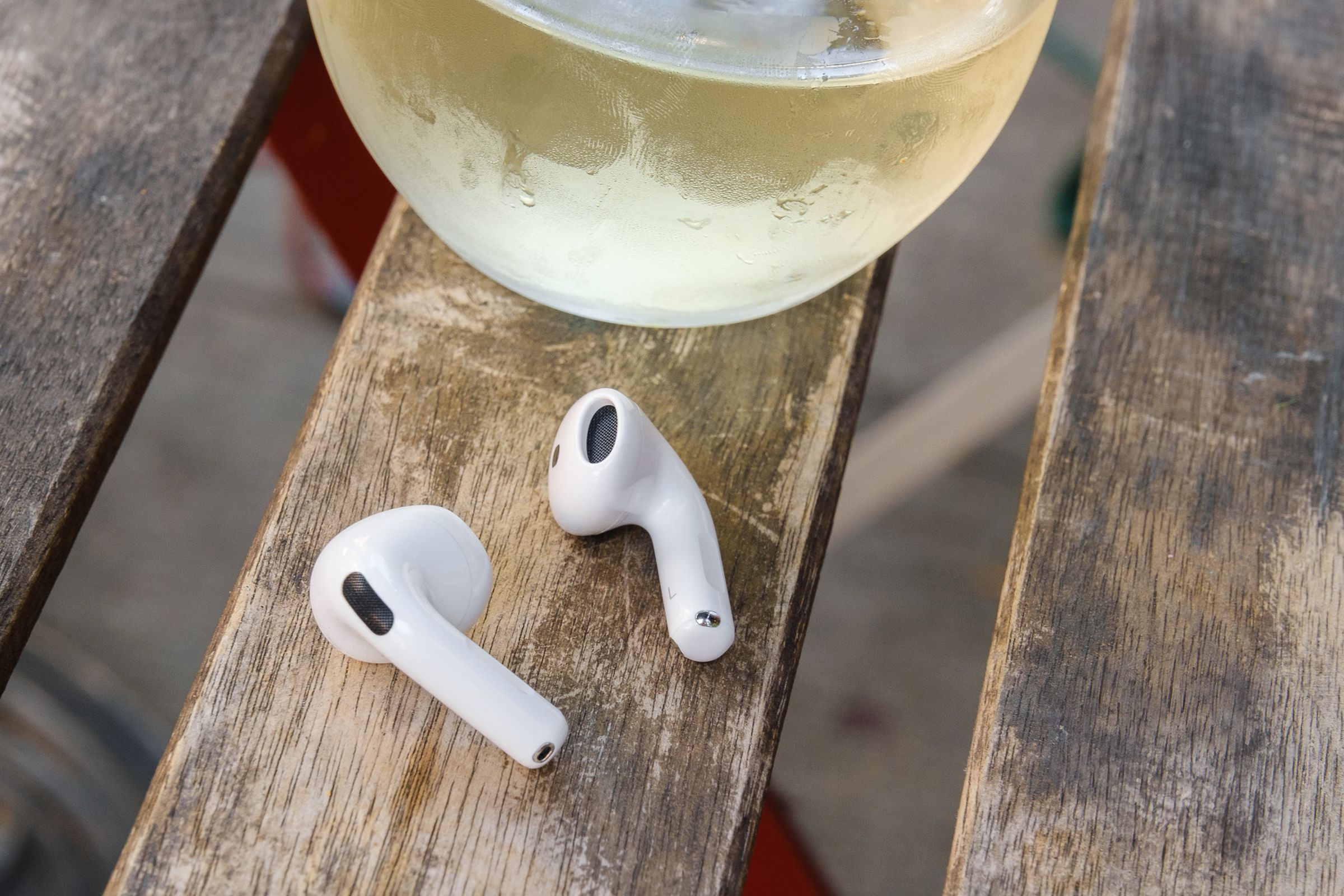 A hands-on photo of Apple’s AirPods 4 wireless earbuds.