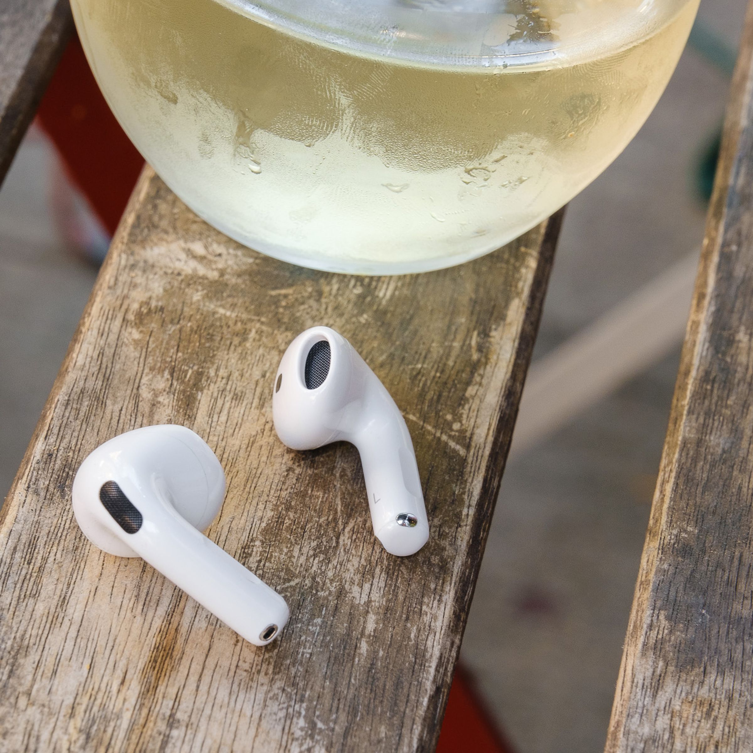 A hands-on photo of Apple’s AirPods 4 wireless earbuds.