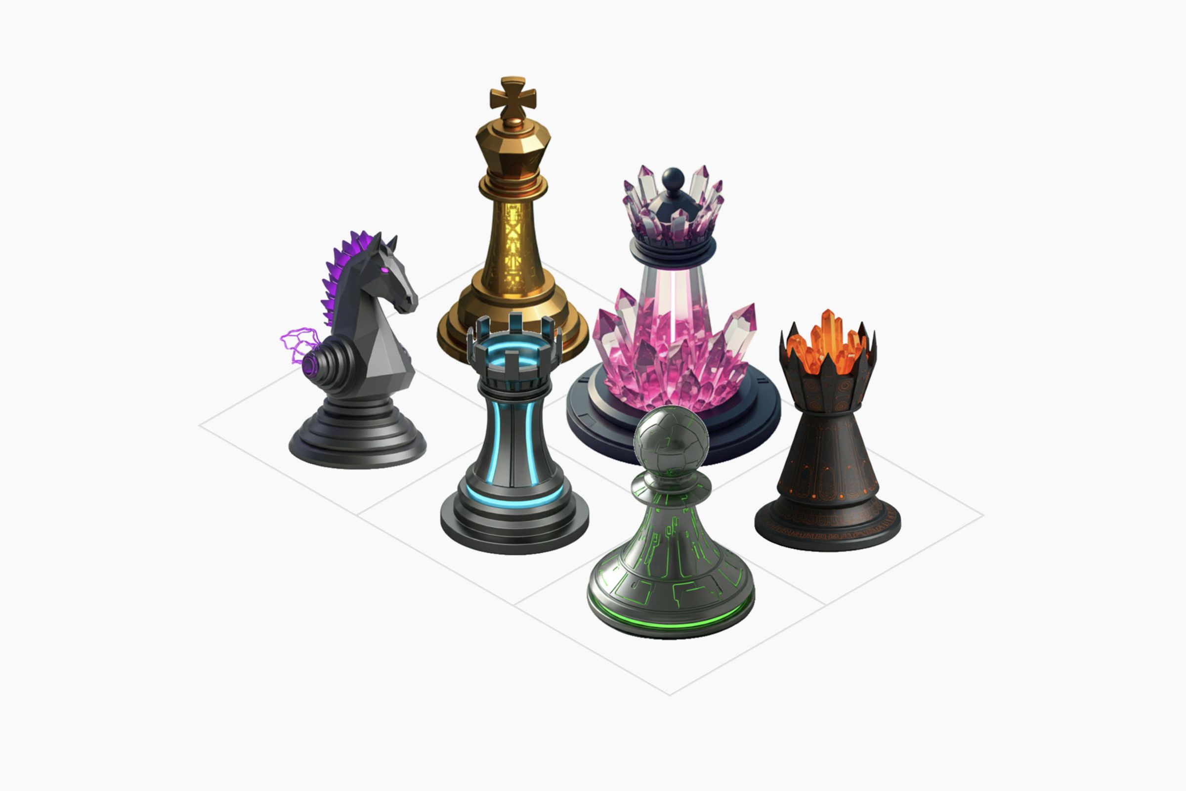 Six chess pieces in different styles.