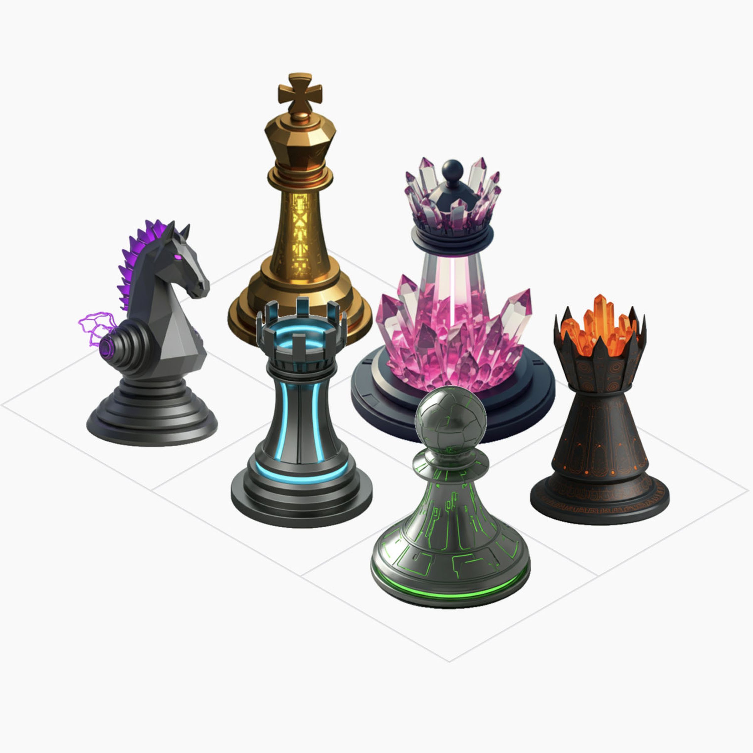 Six chess pieces in different styles.