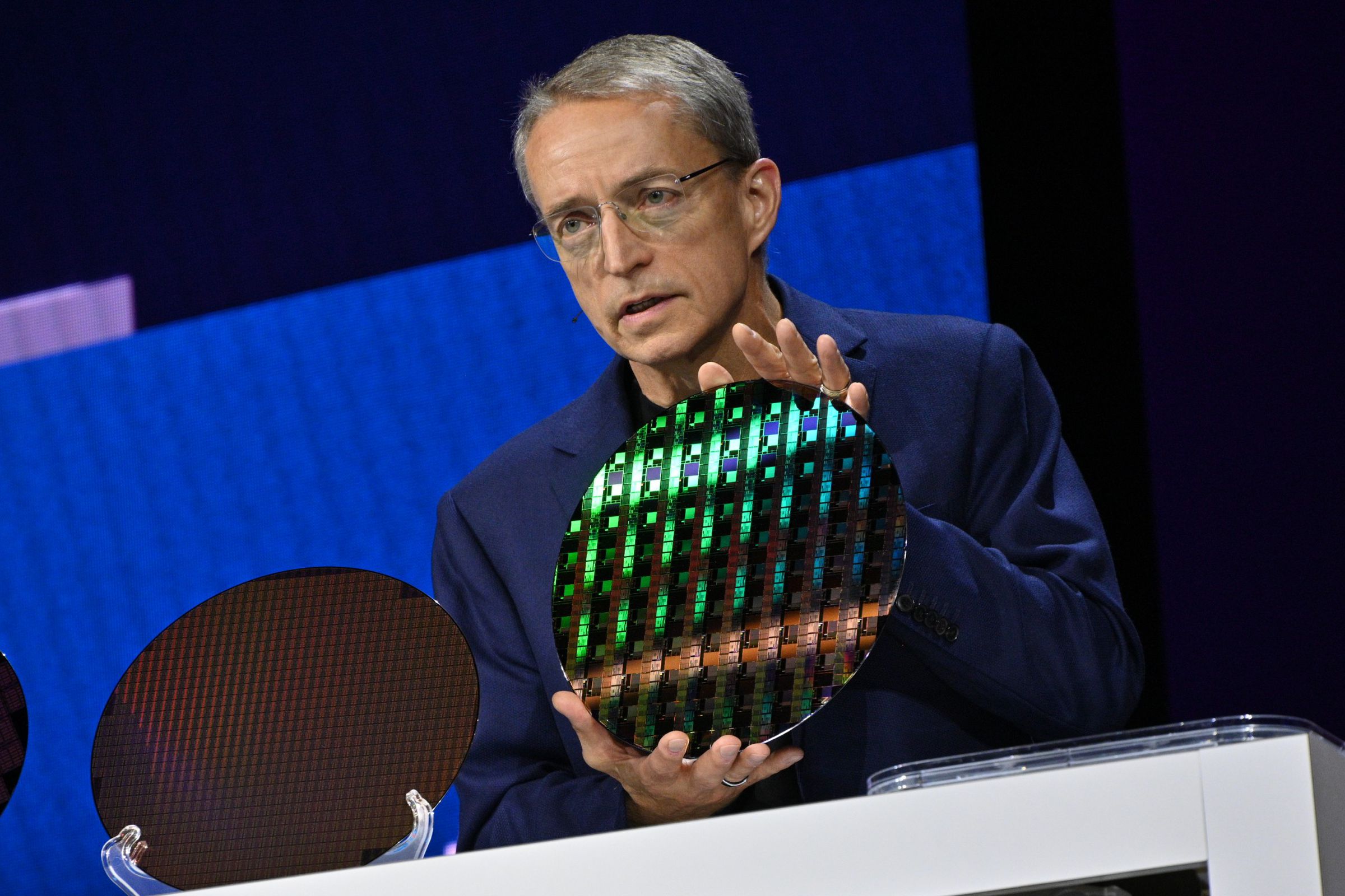 Intel CEO Pat Gelsinger holds up an early Intel 18A wafer in late 2023.