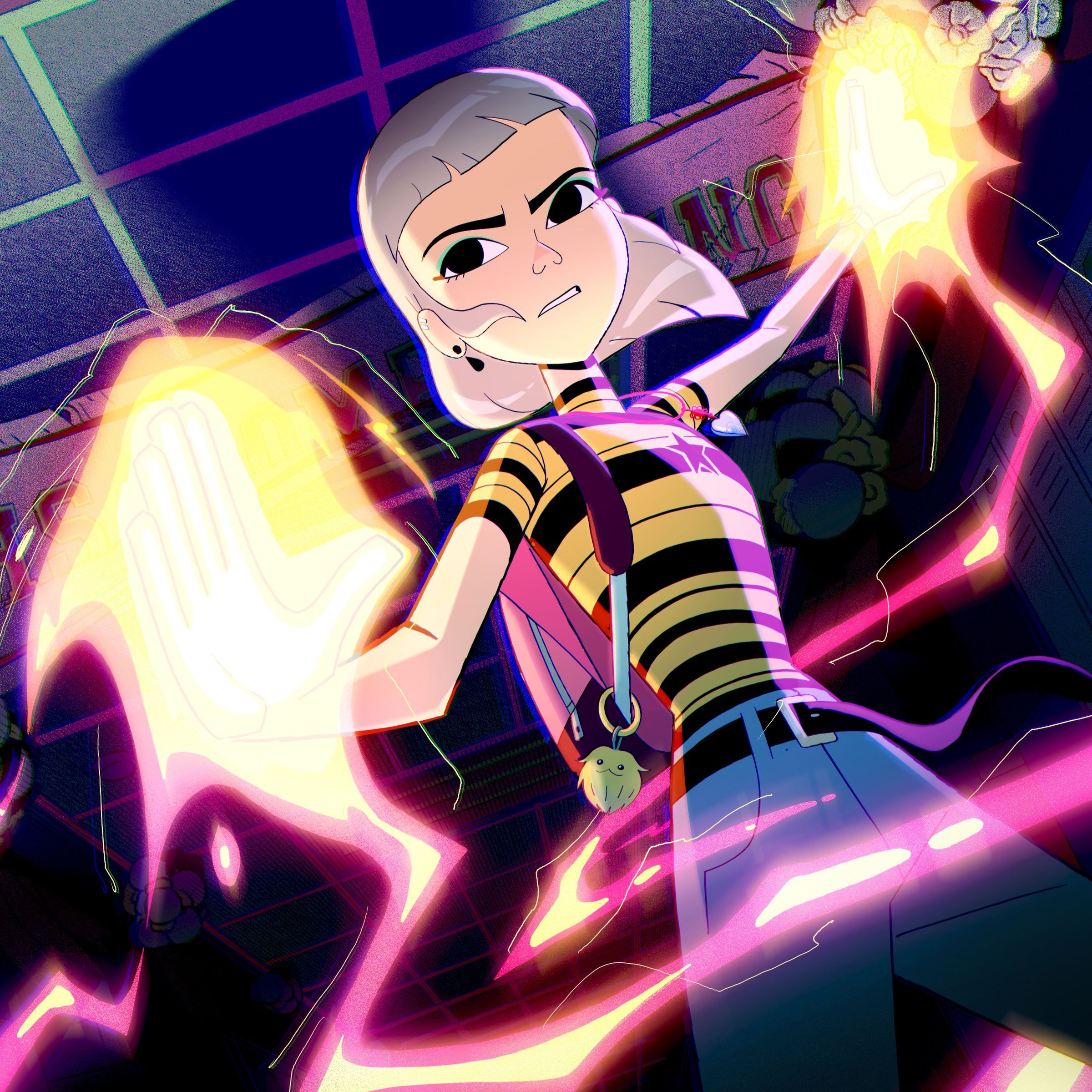 A blonde girl wearing a black and yellow T-shirt, jeans, and a backpack. The girl is standing in a dark high school hallway and holding her hands, which are engulfed in flames, up in defense.