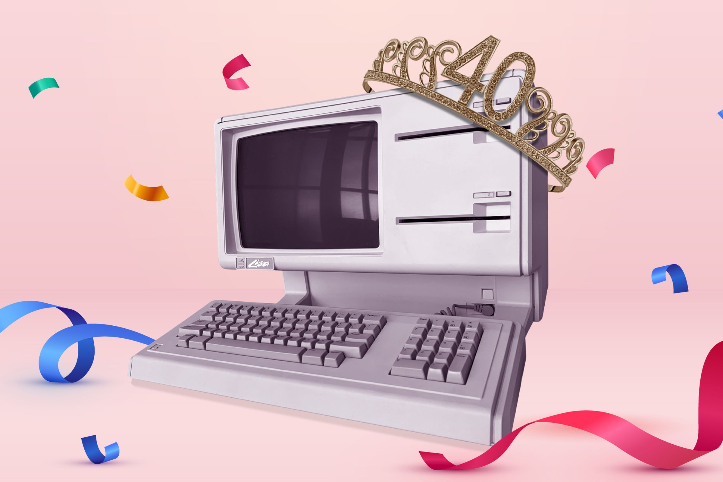 A photo illustration of the Apple Lisa computer with a “40” tiara on top of it. It is surrounded by multicolored confetti on a pink background.