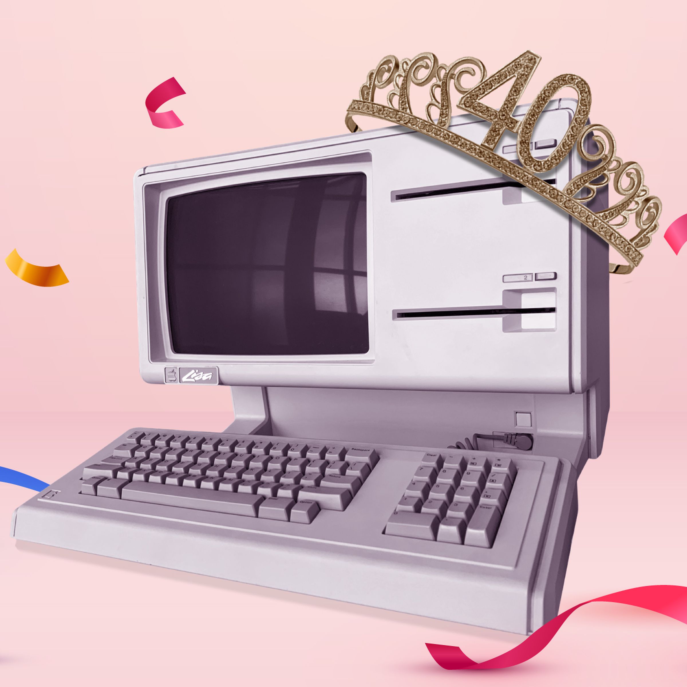 A photo illustration of the Apple Lisa computer with a “40” tiara on top of it. It is surrounded by multicolored confetti on a pink background.