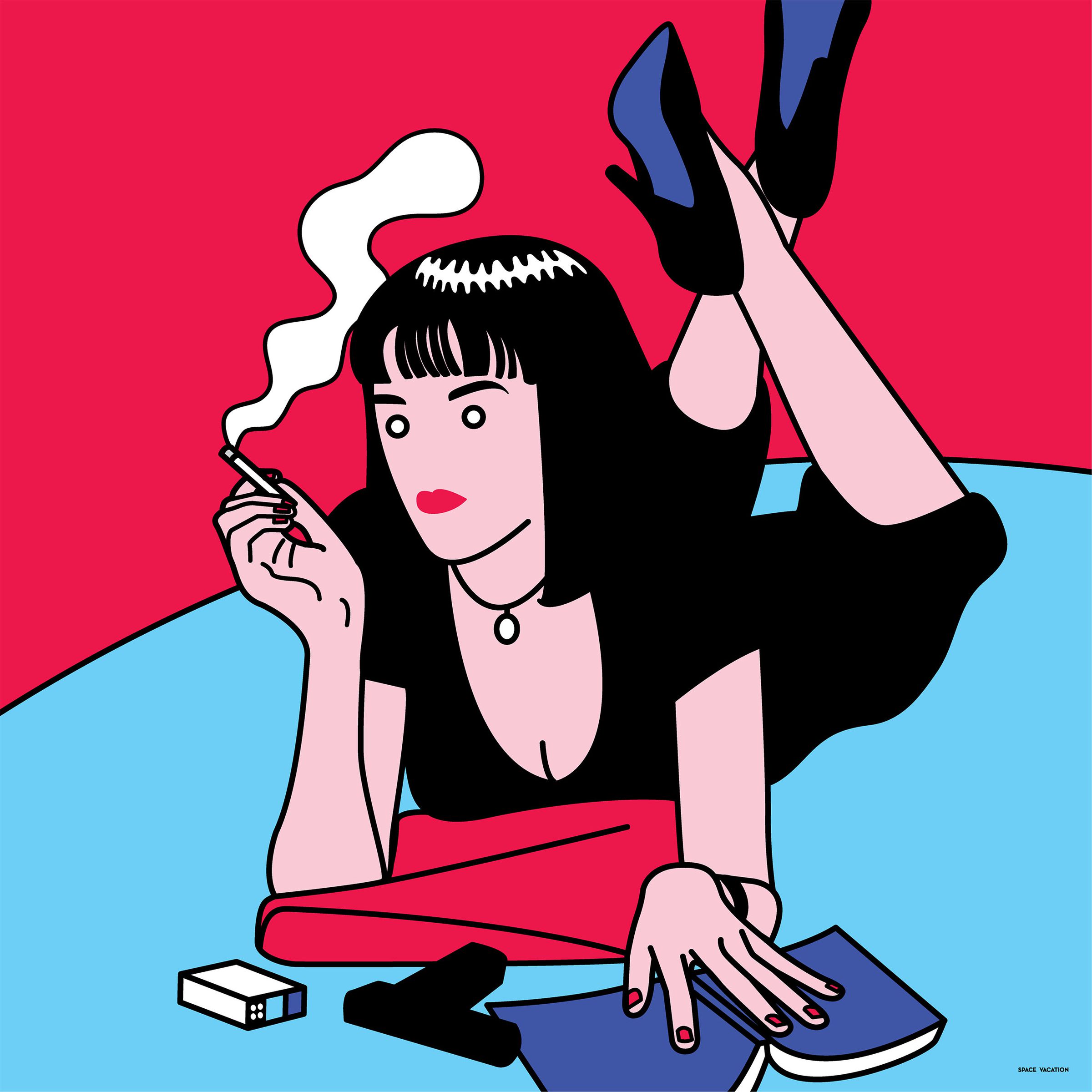 A cartoon drawing based on Uma Thurman in Pulp Fiction. She is laying on her stomach with her legs crossed behind her as she smokes a cigarette.