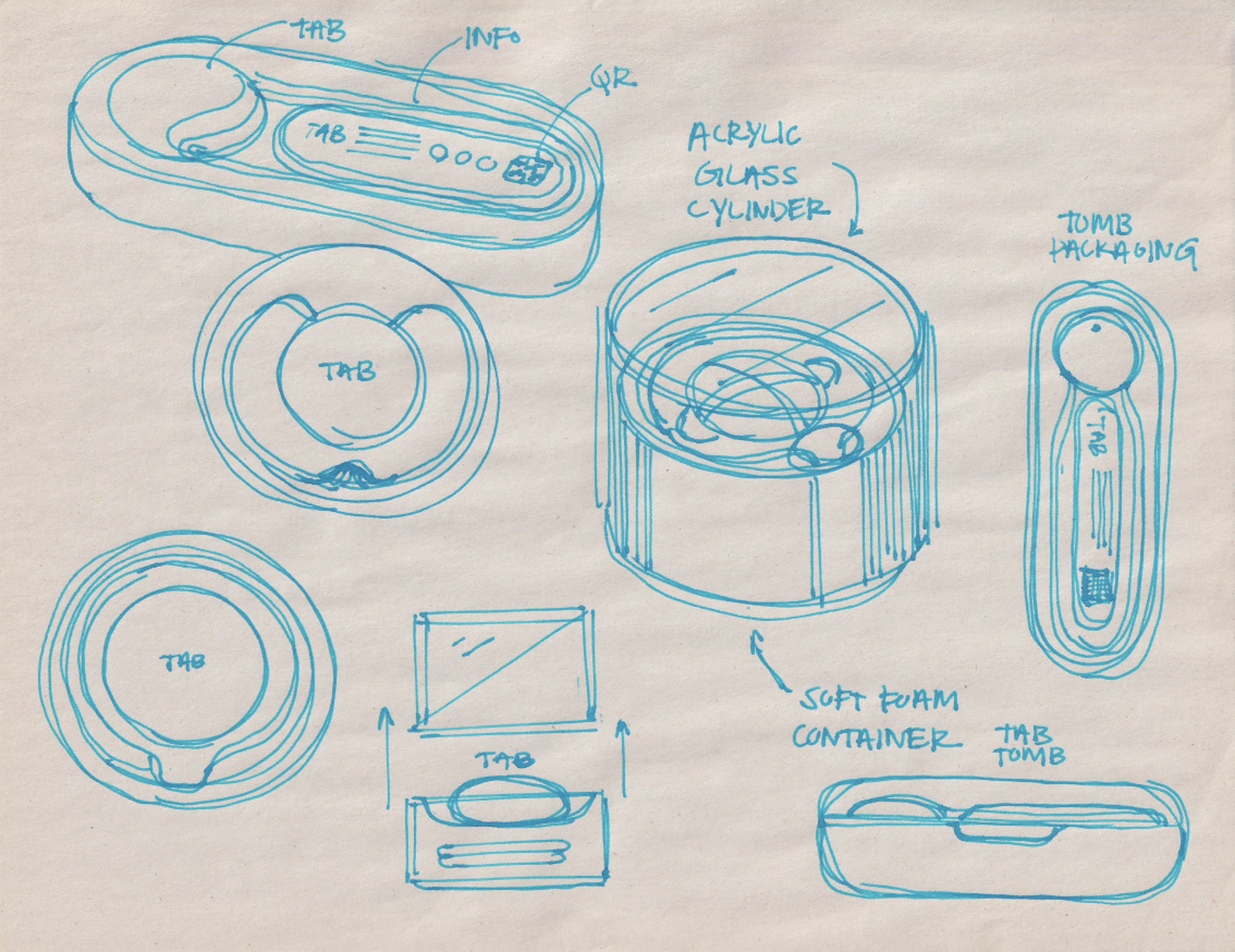 A page of sketches that show a potential hardware design, with lots of circles that represent the “Tab” device” and a container for holding it.