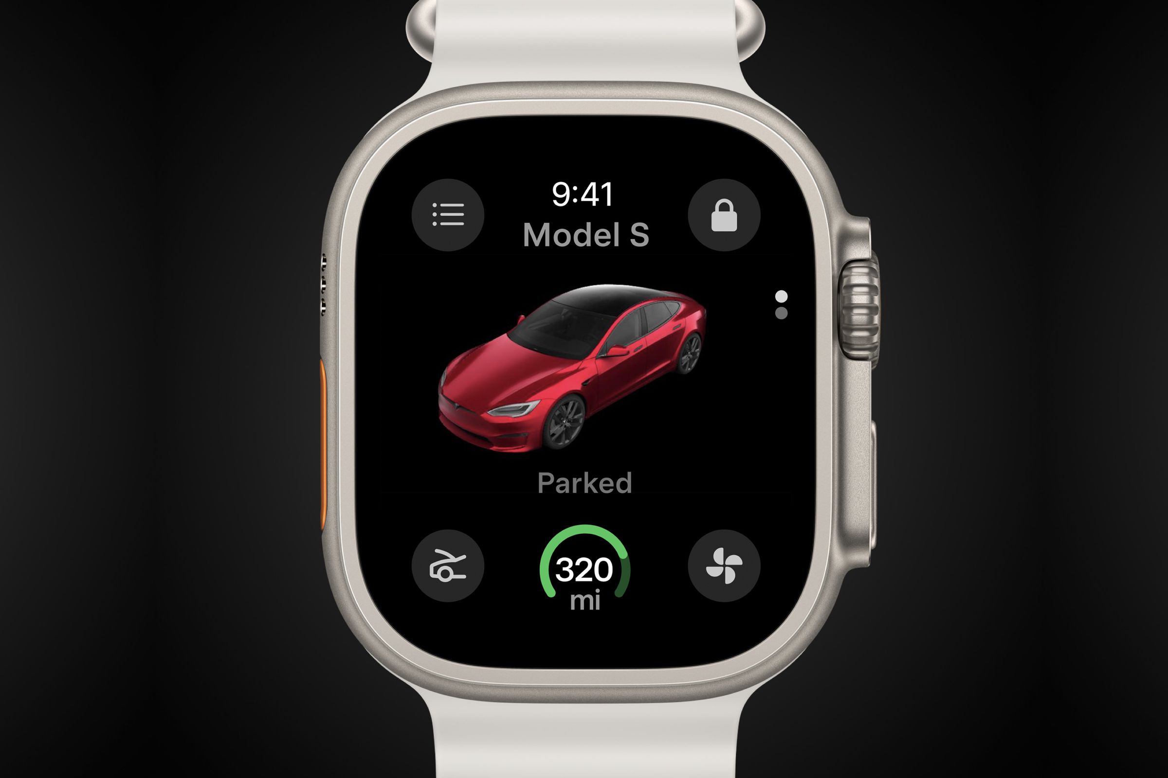 Apple Watch Ultra with white band showing Tesla app that has a 3D red Model S on screen with buttons to open the frunk, charge state at 320 miles, and button for unlock and climate.