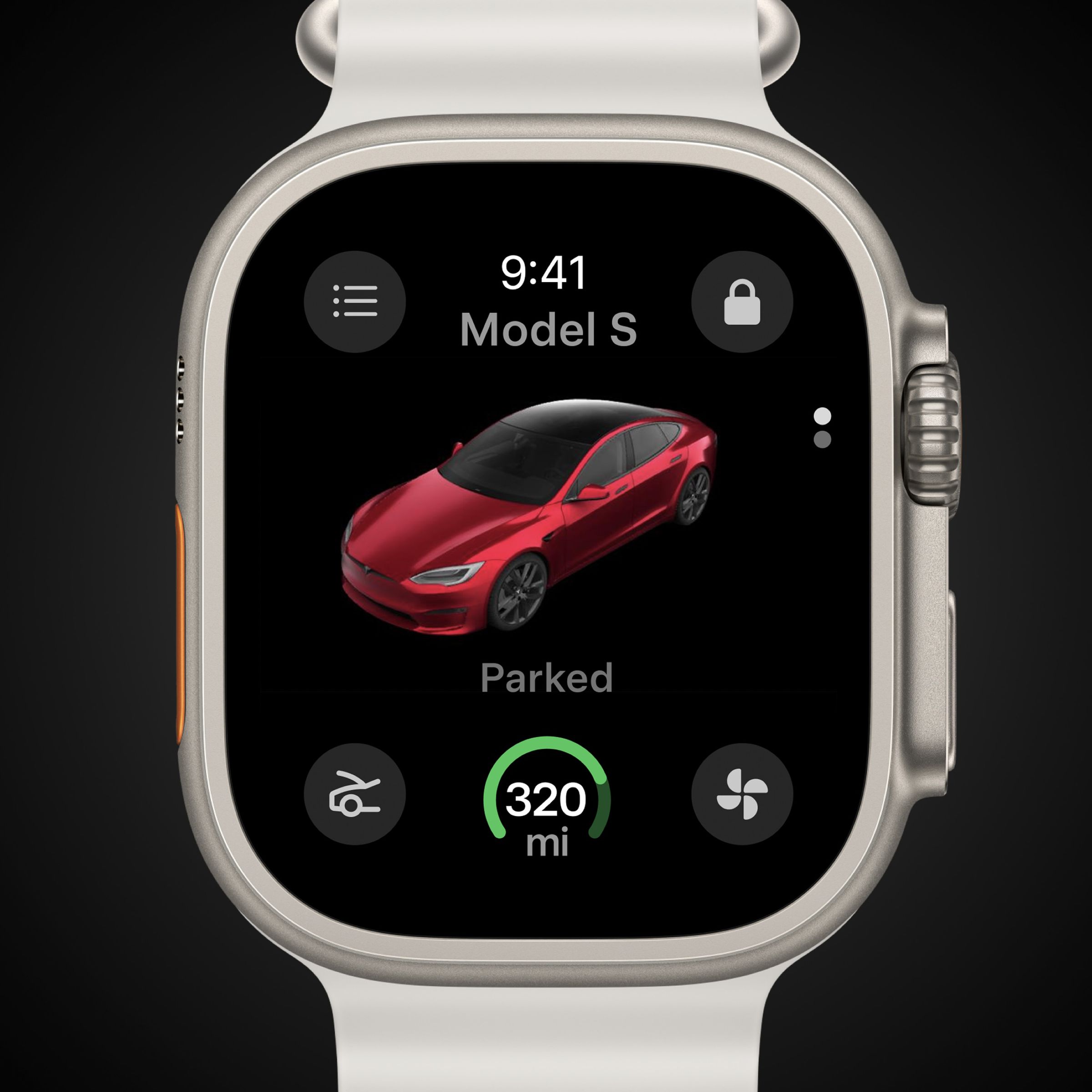 Apple Watch Ultra with white band showing Tesla app that has a 3D red Model S on screen with buttons to open the frunk, charge state at 320 miles, and button for unlock and climate.