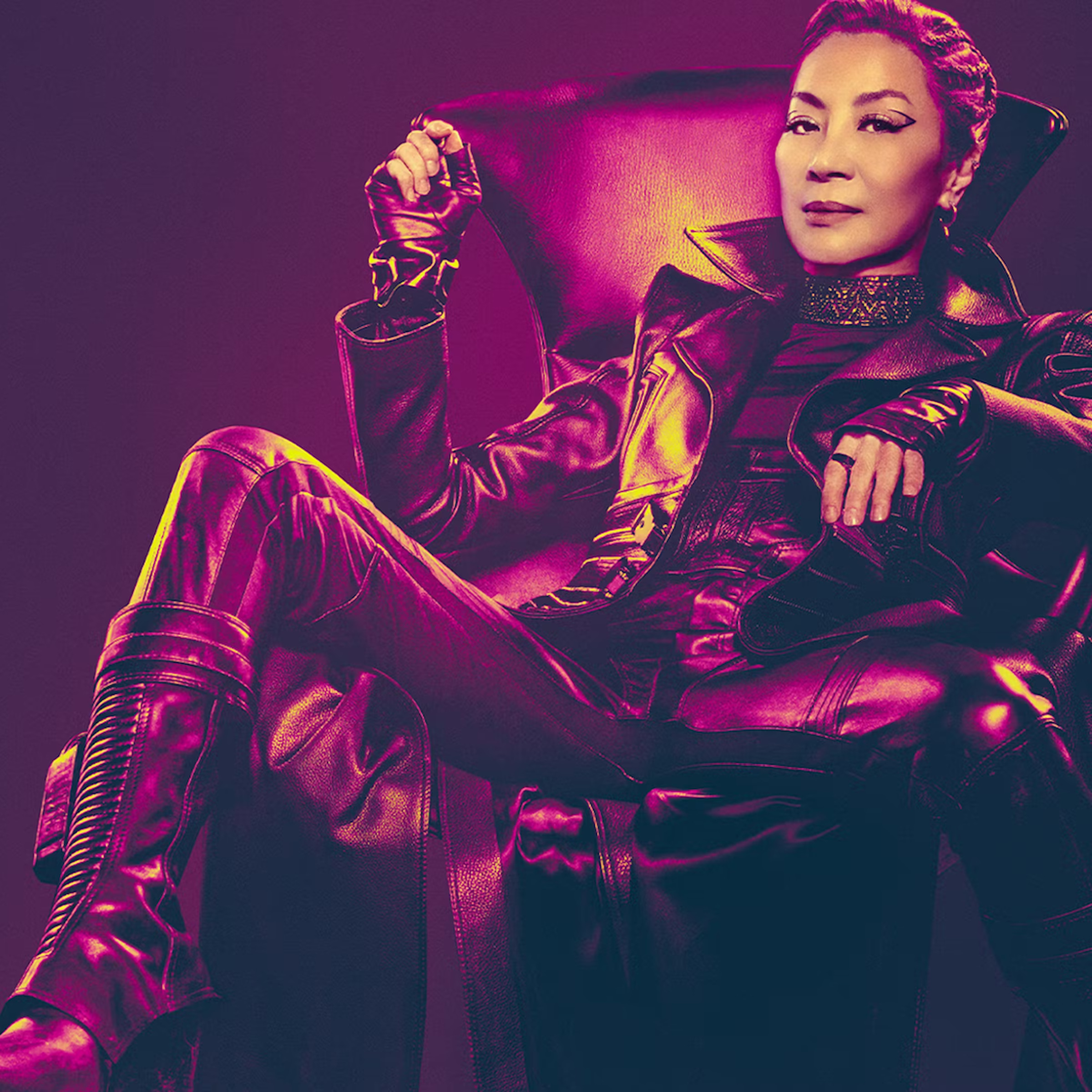 Stylized picture of Michelle Yeoh’s Emperor Philippa Georgiou sitting in a chair.