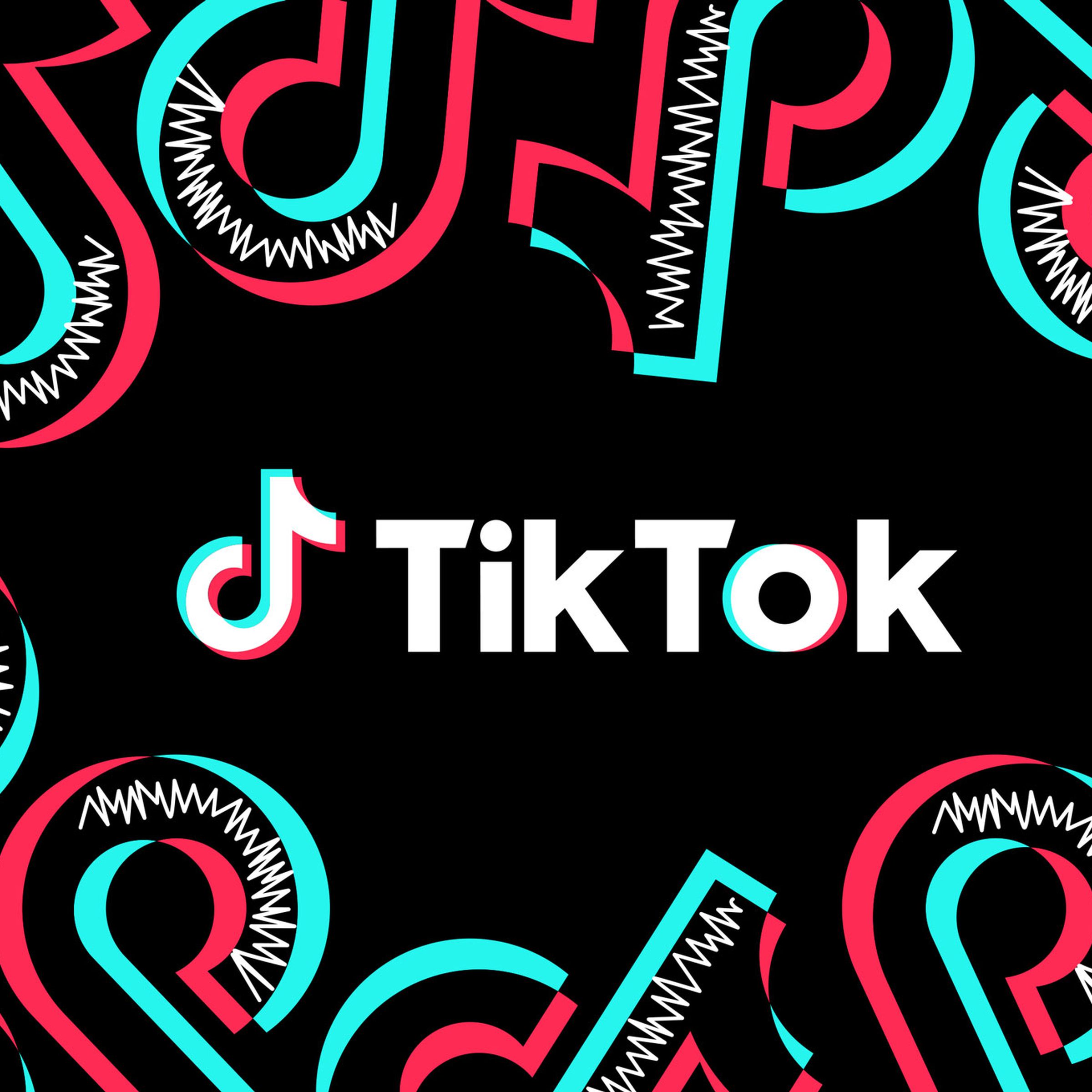 TikTok name logo on a black background with repeating pink and aqua colored logos