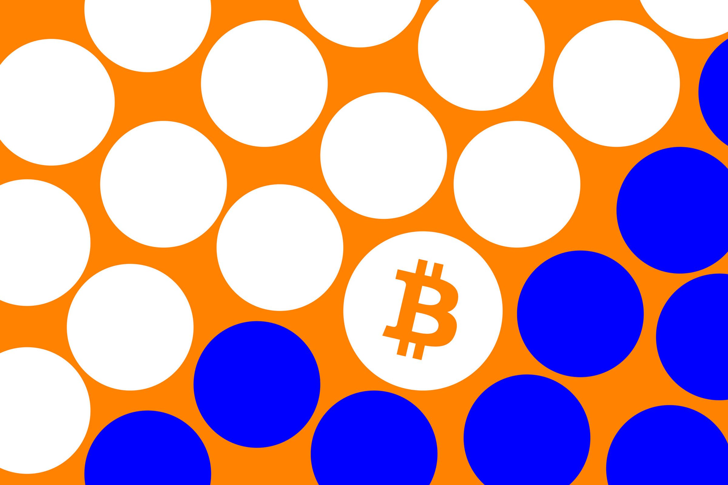 Art depicting white and blue circles against an orange background. One circle in the center has a Bitcoin logo.