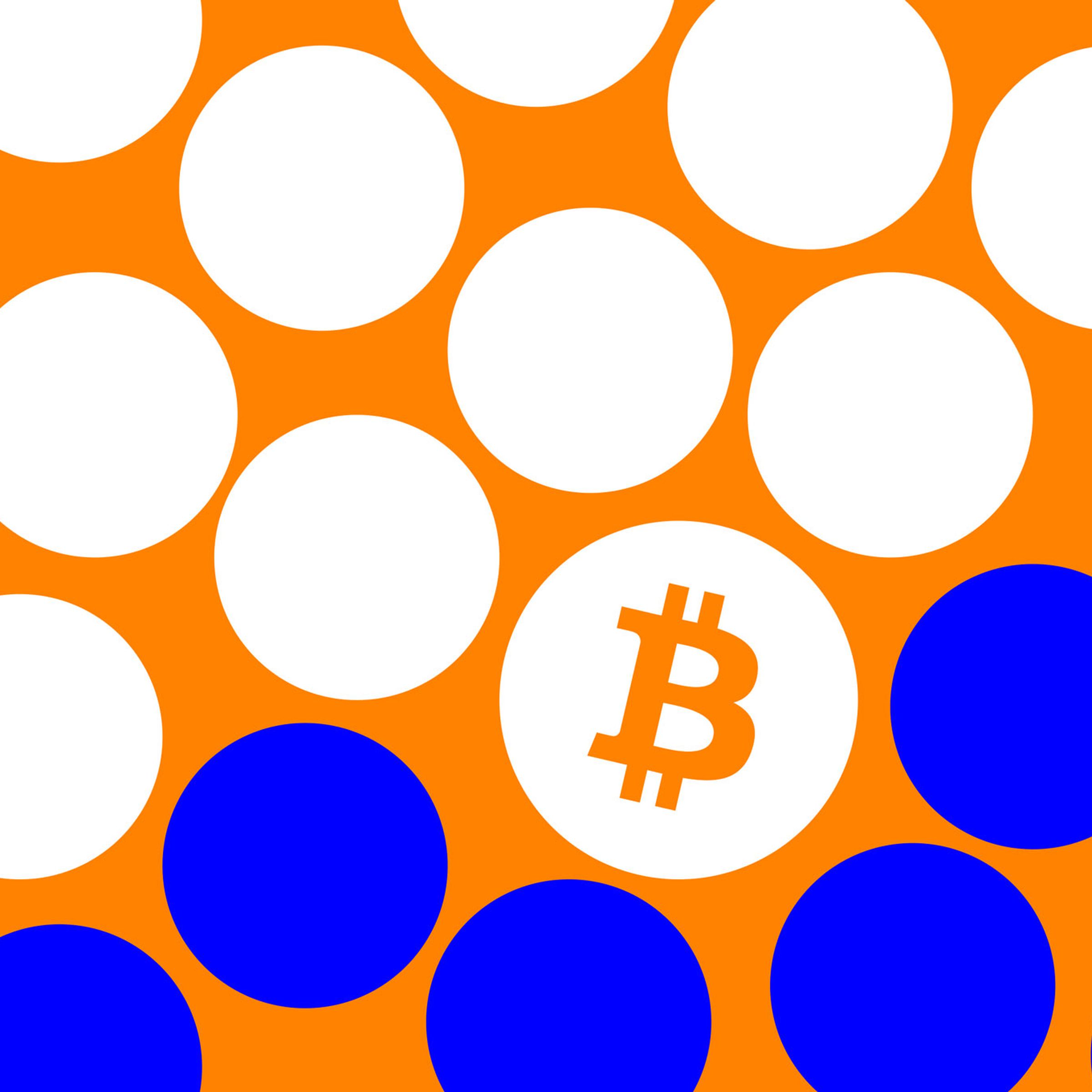 Art depicting white and blue circles against an orange background. One circle in the center has a Bitcoin logo.