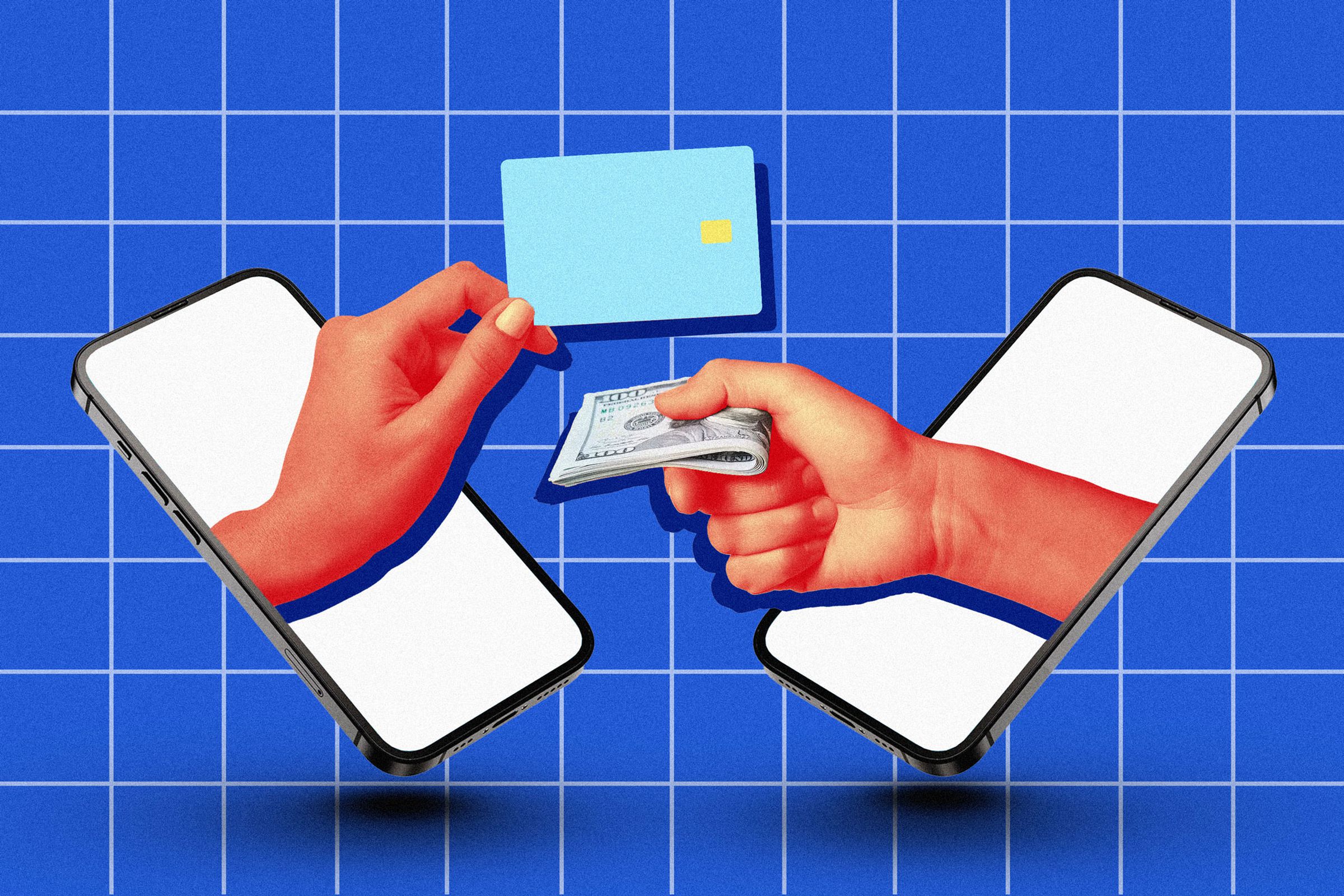 Image of two smartphones with hands emergine from them, one holding cash and another holding a credit card.