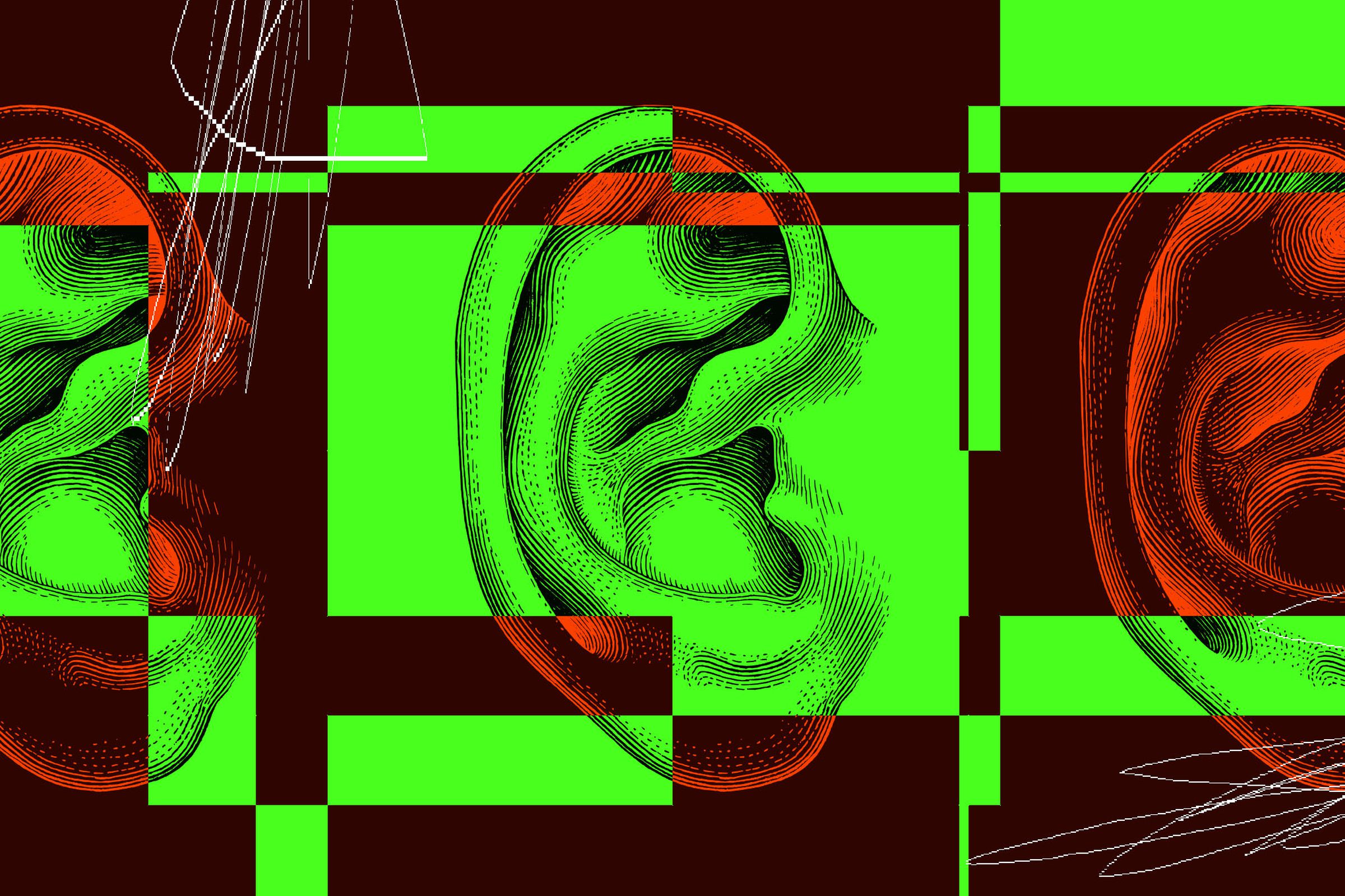 Digital collage of a drawing of an ear with a glitchy filter over it.