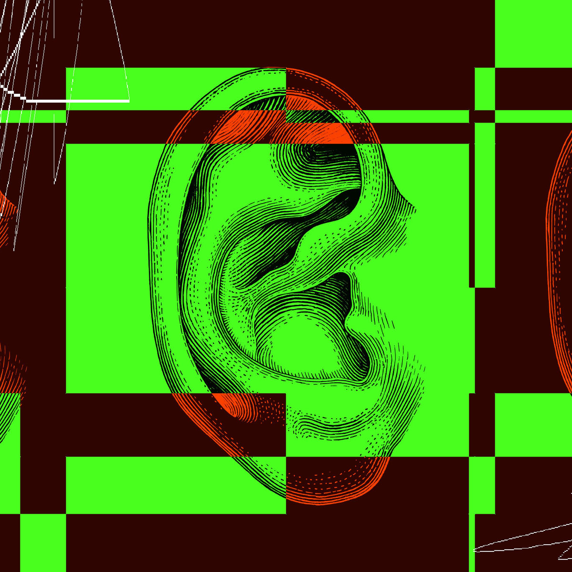 Digital collage of a drawing of an ear with a glitchy filter over it.