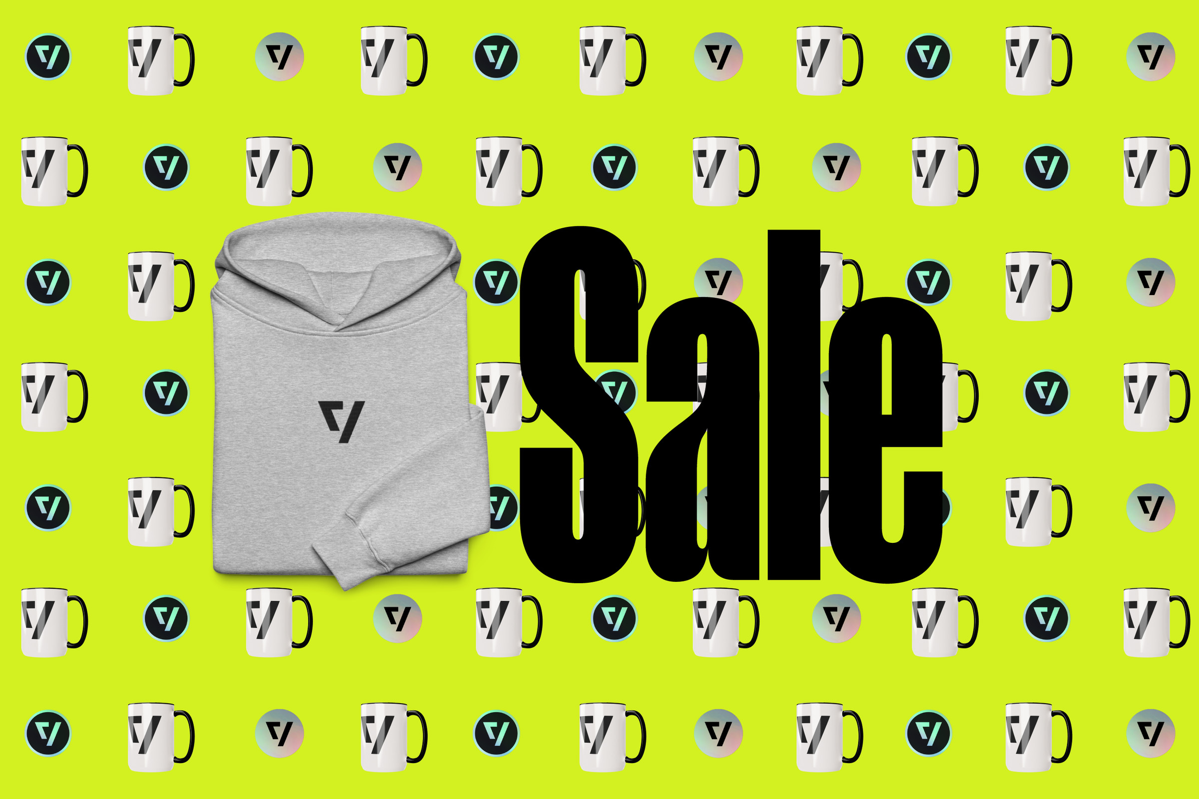 The word “Sale” alongside a gray Verge sweatshirt with a backdrop of mugs and stickers aligned in a pattern