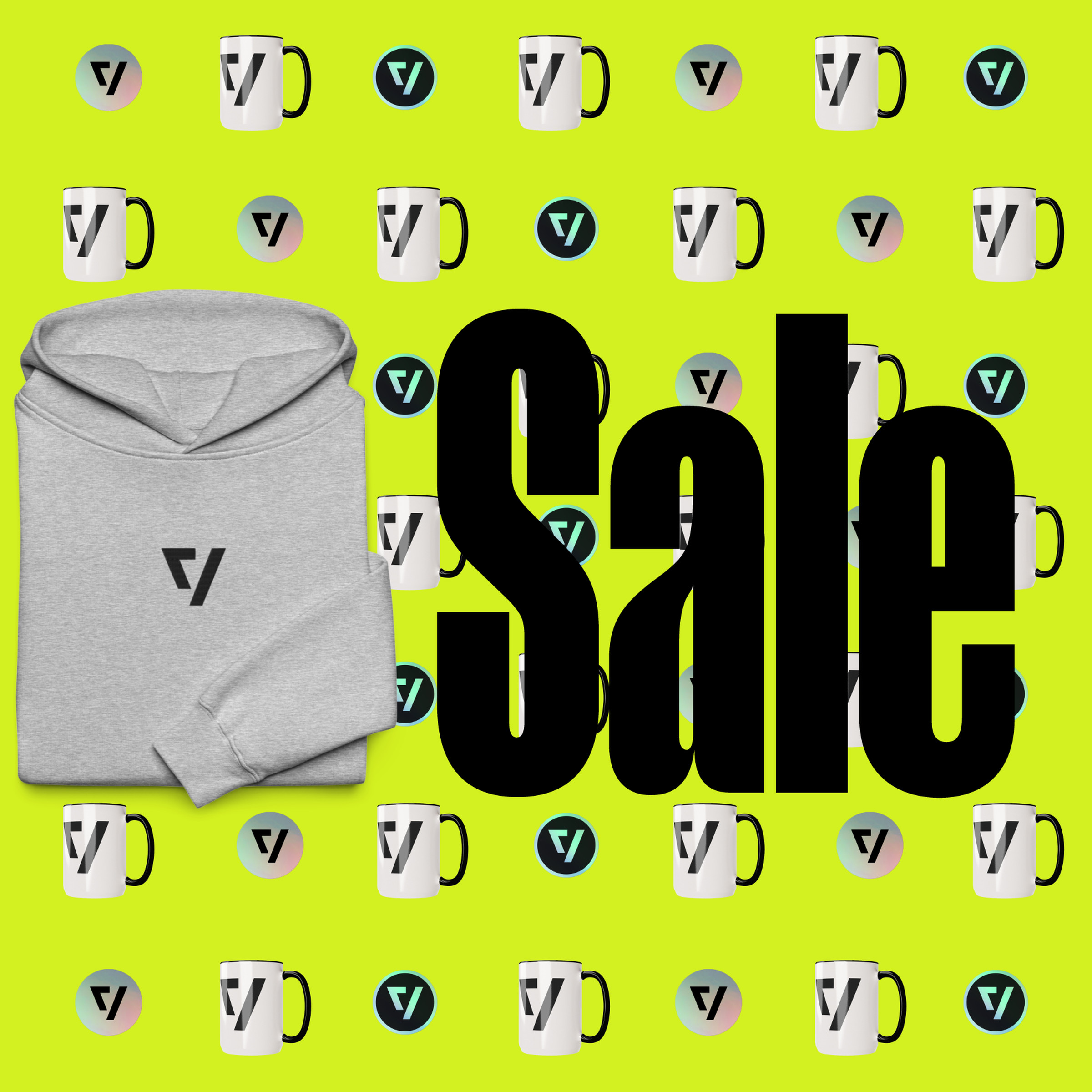 The word “Sale” alongside a gray Verge sweatshirt with a backdrop of mugs and stickers aligned in a pattern