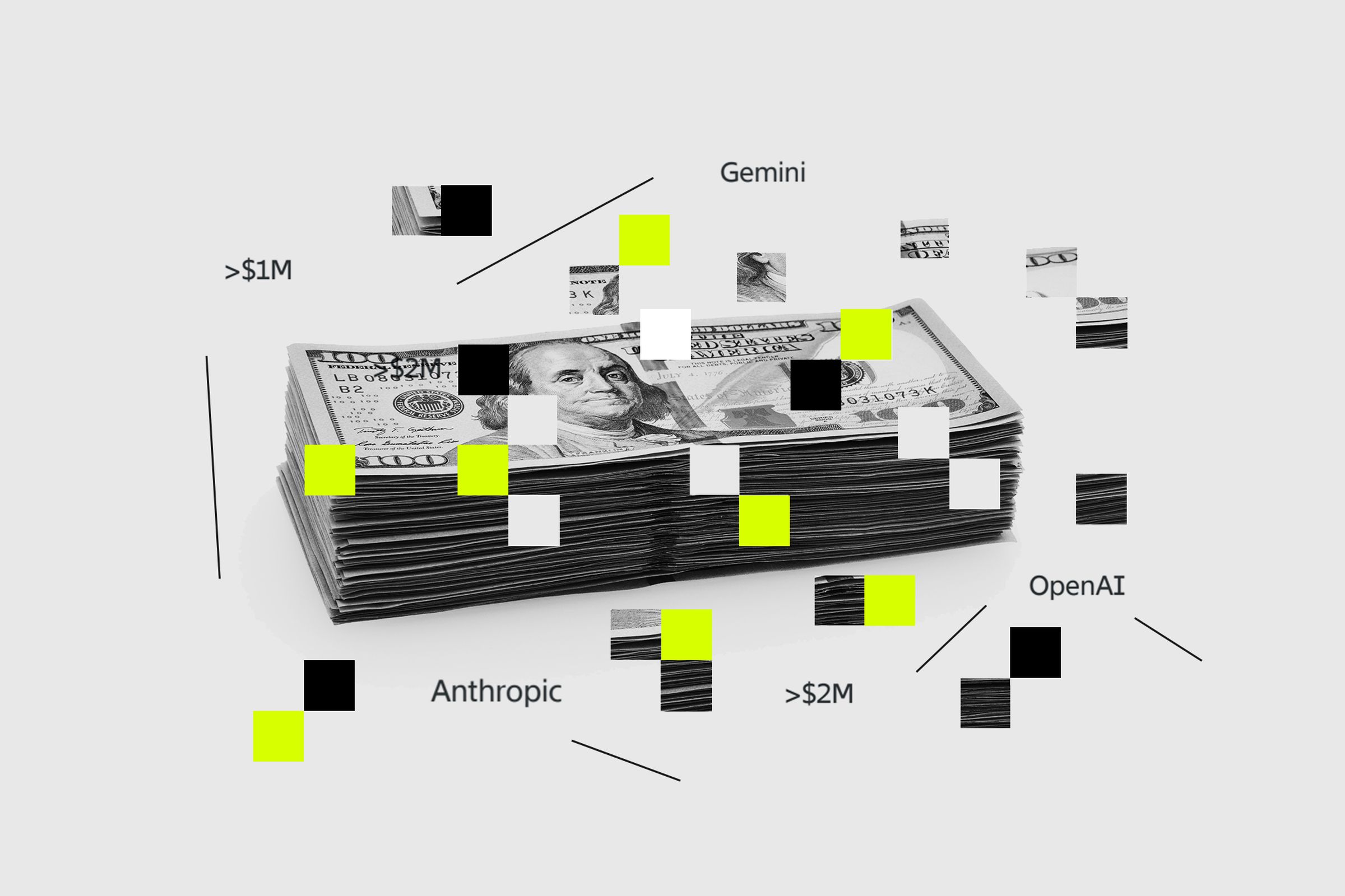 Stack of 100 dollar bills surrounded by AI company names and dollar amounts.