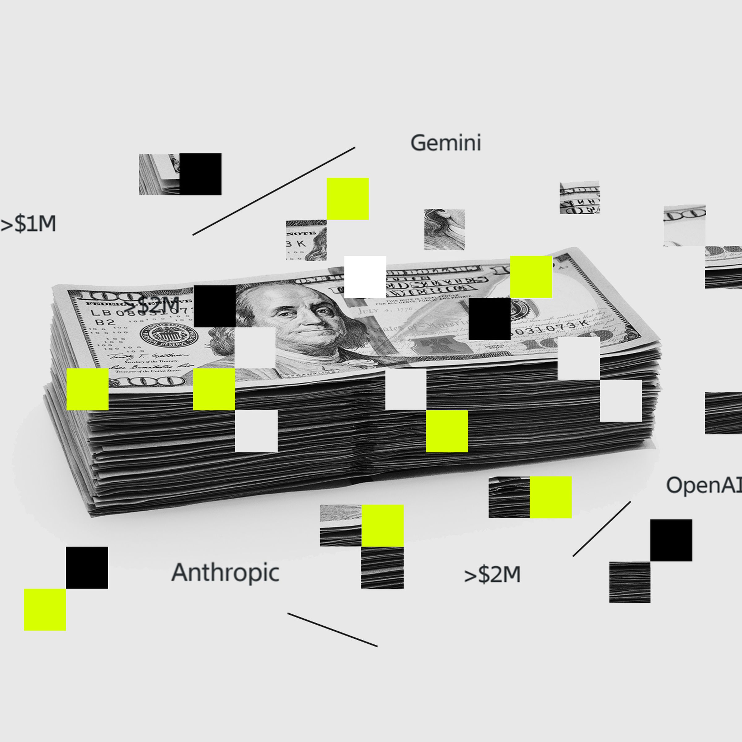 Stack of 100 dollar bills surrounded by AI company names and dollar amounts.