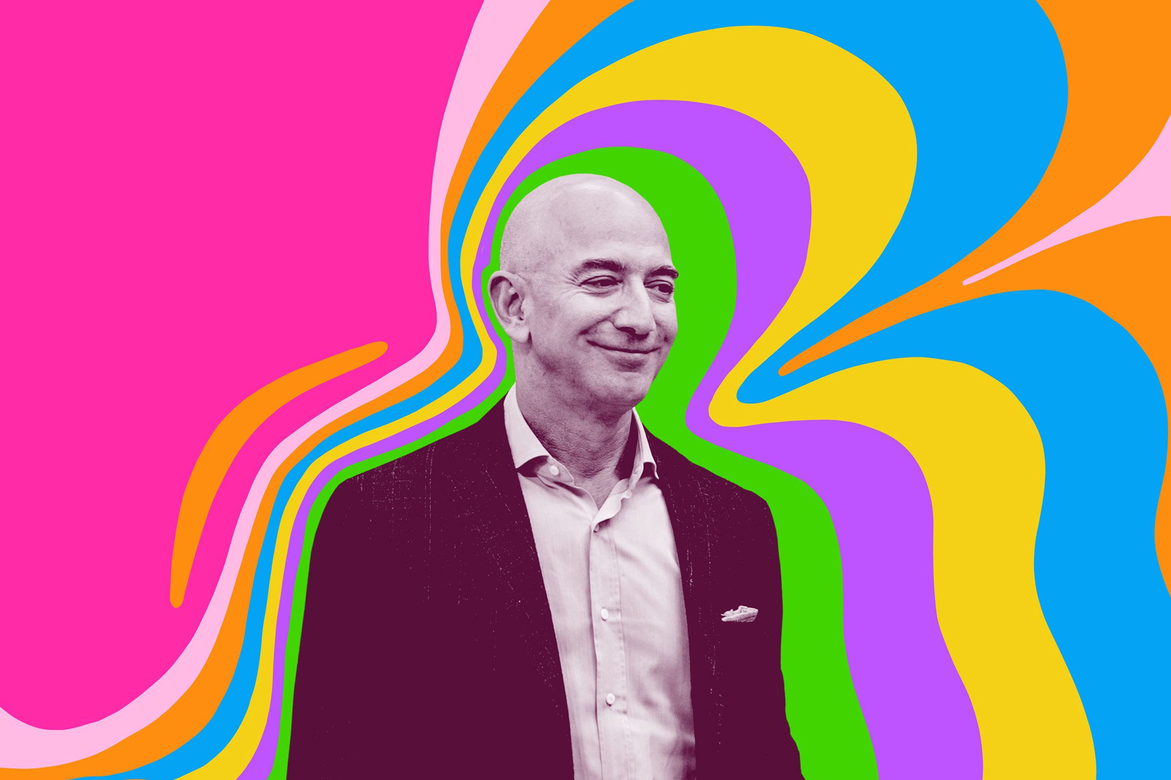 Art depicts Jeff Bezos surrounded by bright colors.