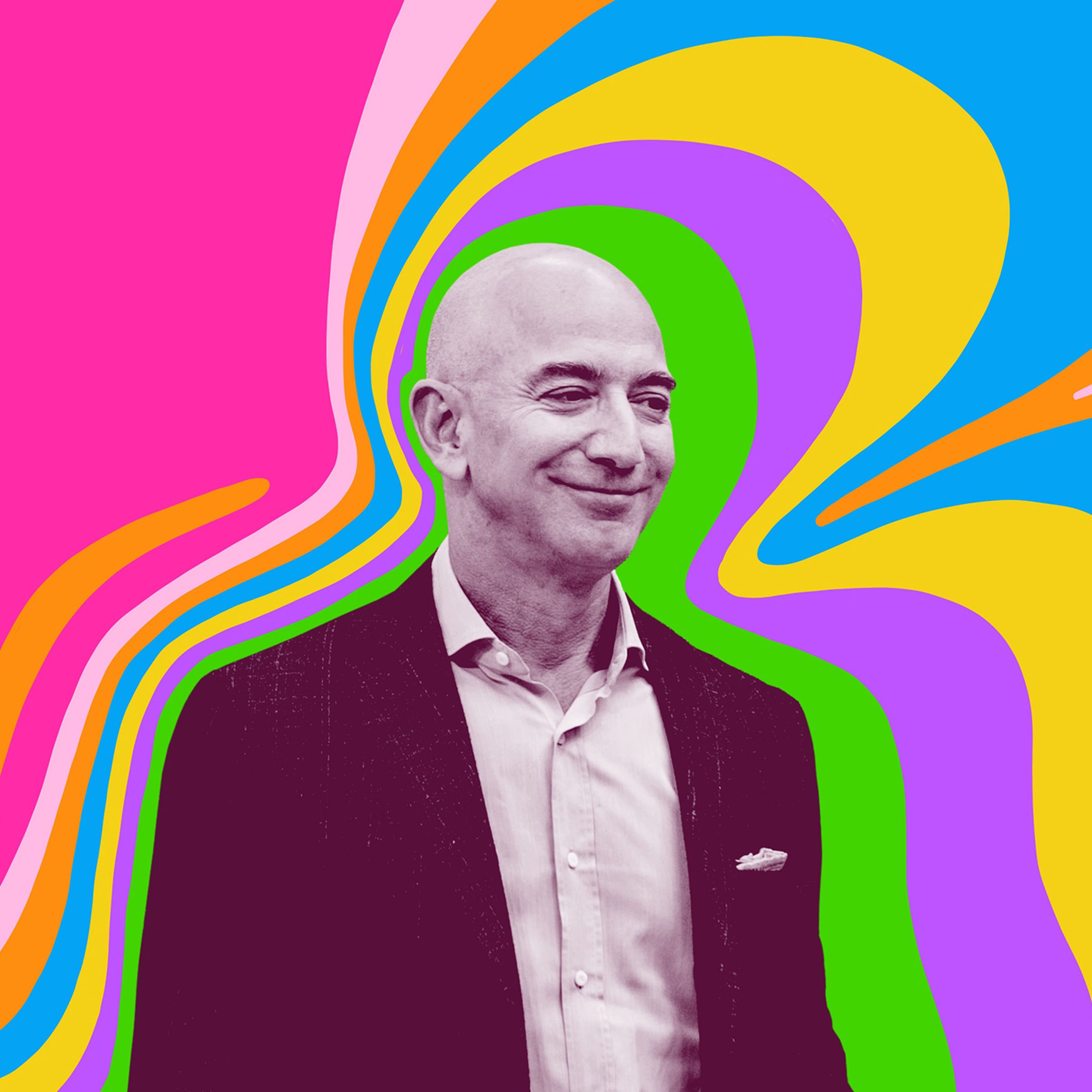 Art depicts Jeff Bezos surrounded by bright colors.