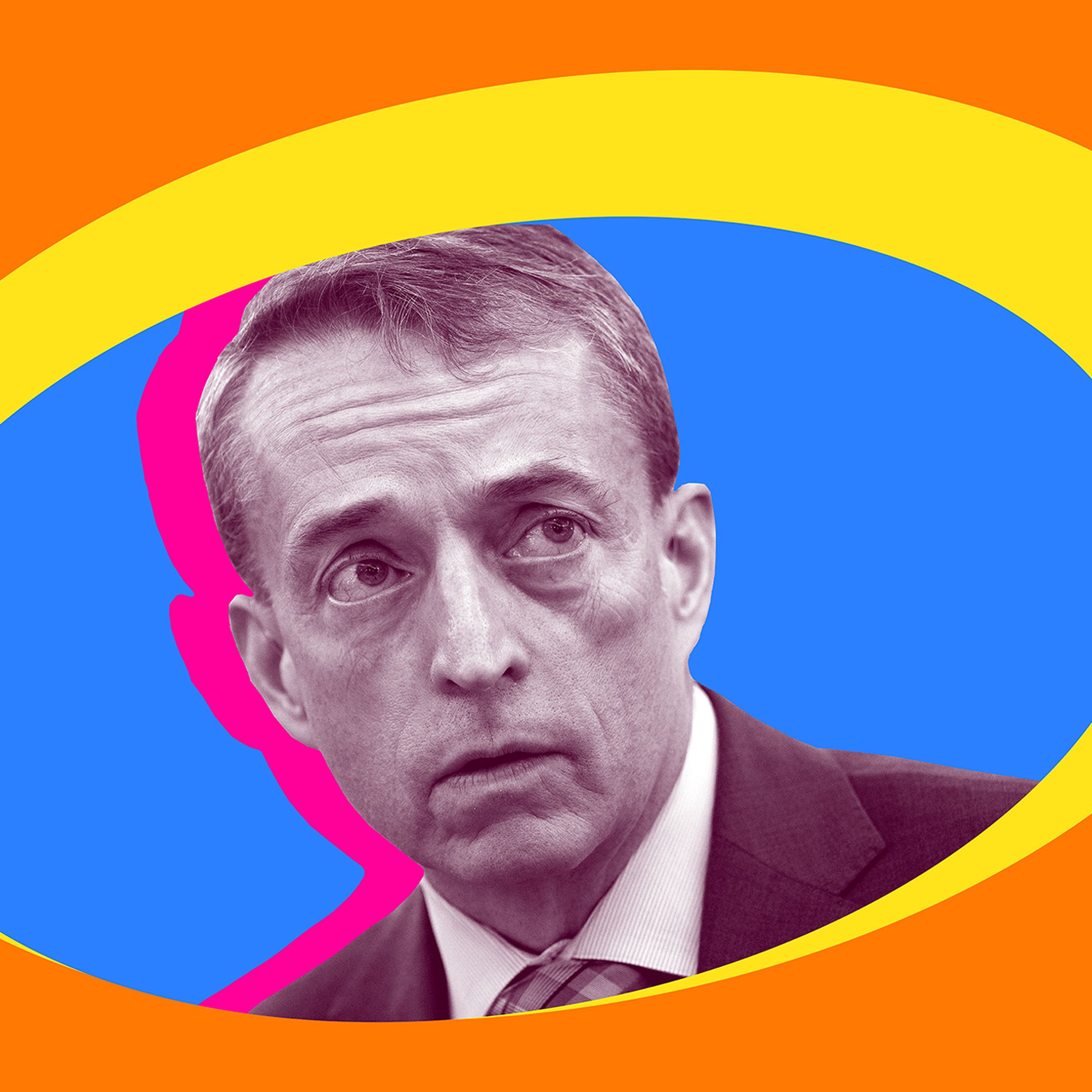 An image showing Pat Gelsinger on an orange, blue, and yellow background