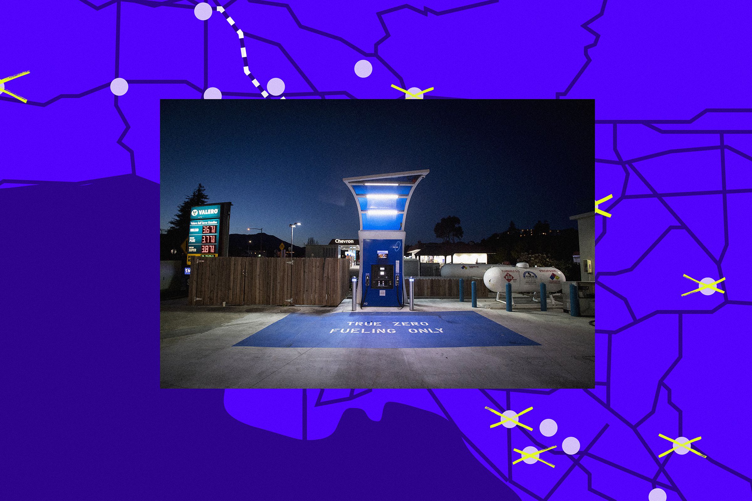 Background is a purple map of California and foreground center image is of a hydrogen fuel pump