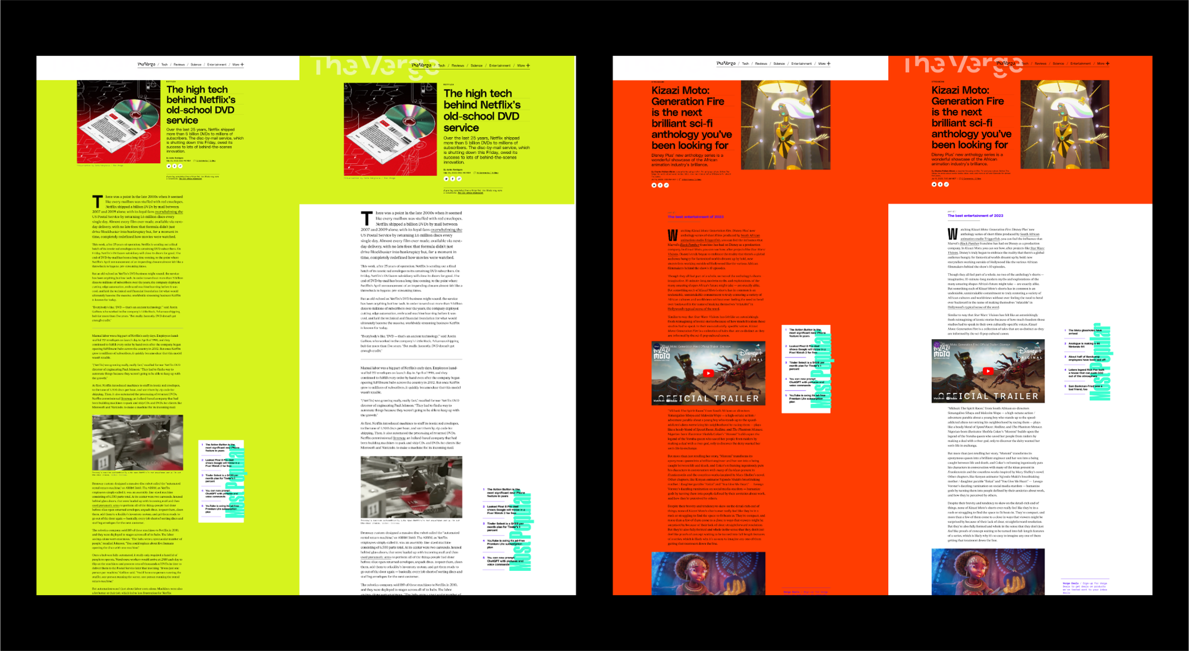 Side by side images of what the article page looked like before and after the fix. On the left side of each example, the saturated color takes up the entire page, making the black text on dark background hard to see. The right shows it fixed where just the top header has this color background.